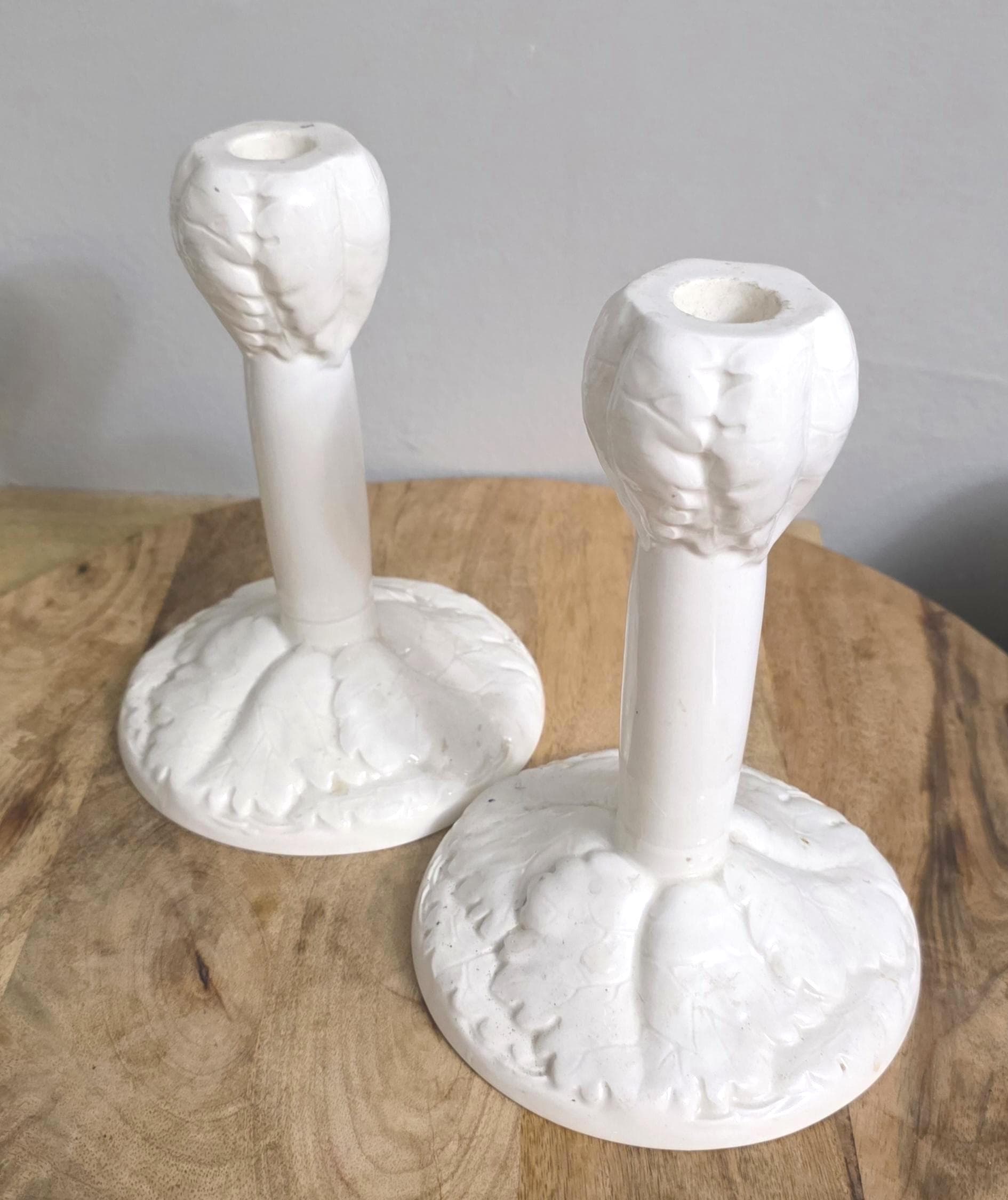 Vintage Spode Imp Cream Leaf Design Candle Holders - Thumbnail 2