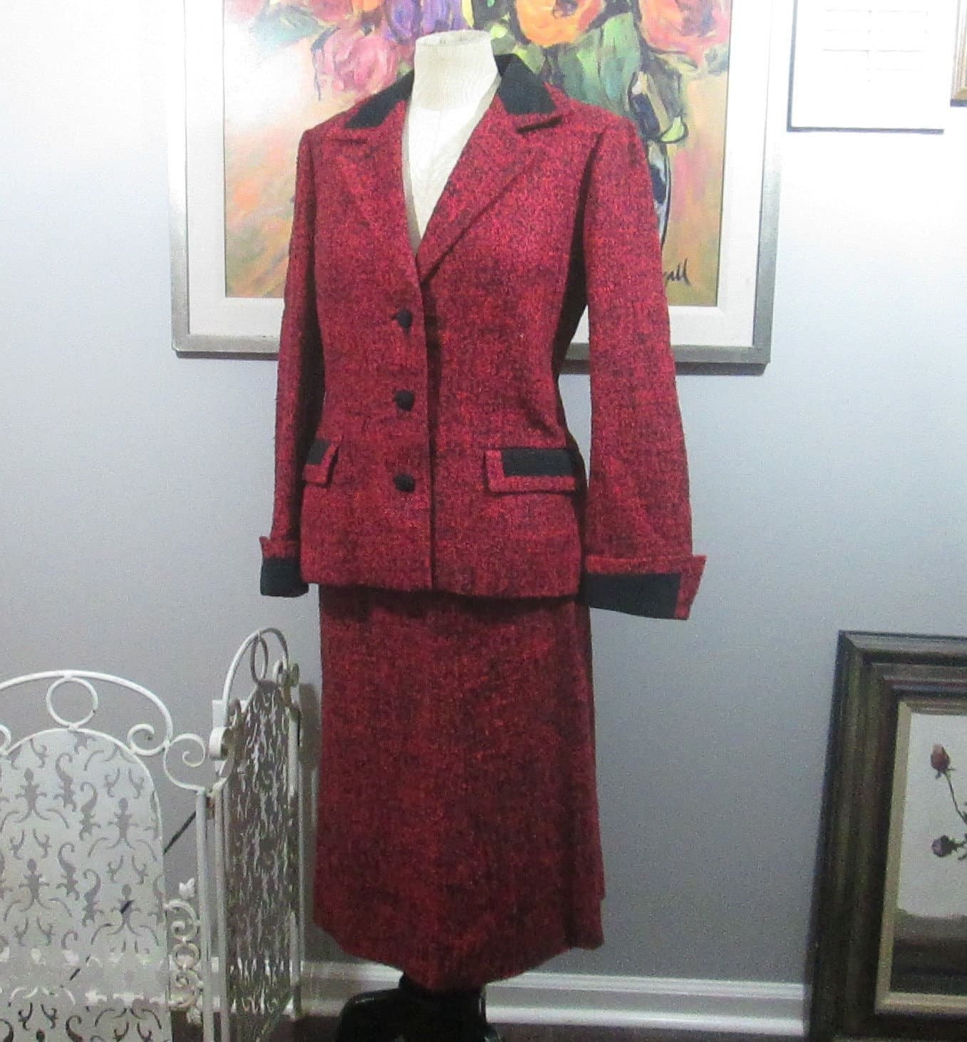 Vintage 1960's Red & Black Silk Wool Tweed Suit