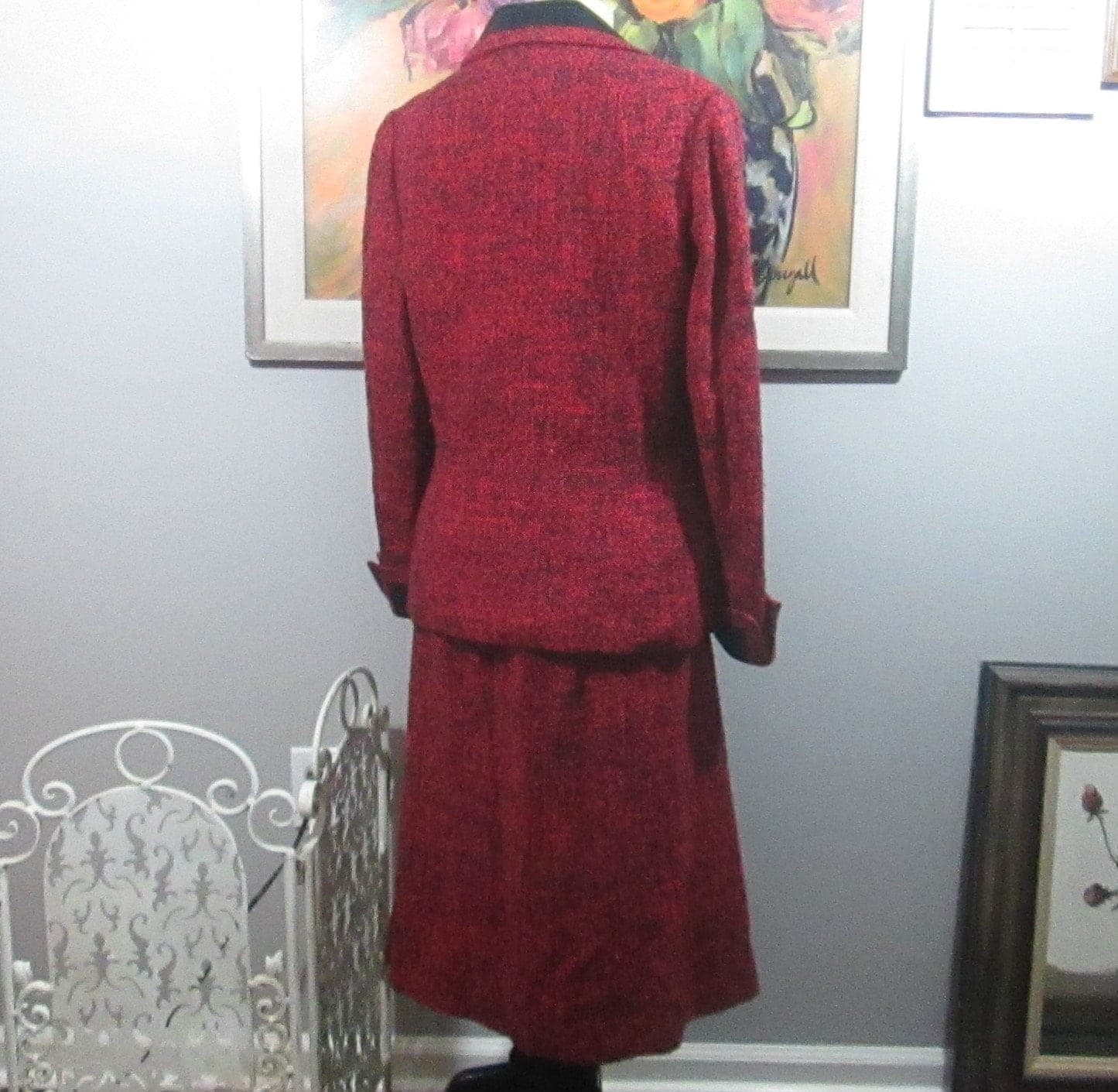 Vintage 1960's Red & Black Silk Wool Tweed Suit - Thumbnail 2