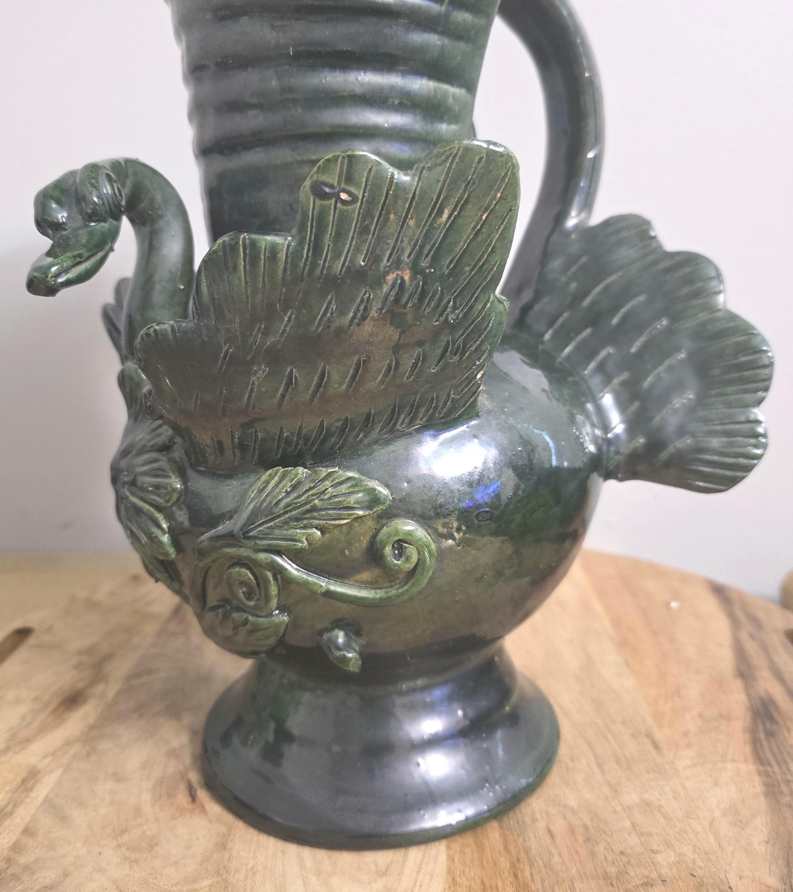 Vintage Green Handmade Pottery Duck Pitcher - Thumbnail 5