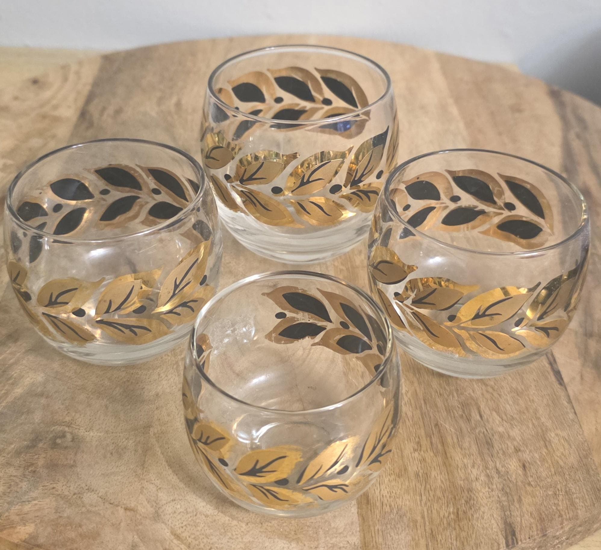 Vintage MCM Gold & Black Leaf Roly Poly Glasses - Thumbnail 2