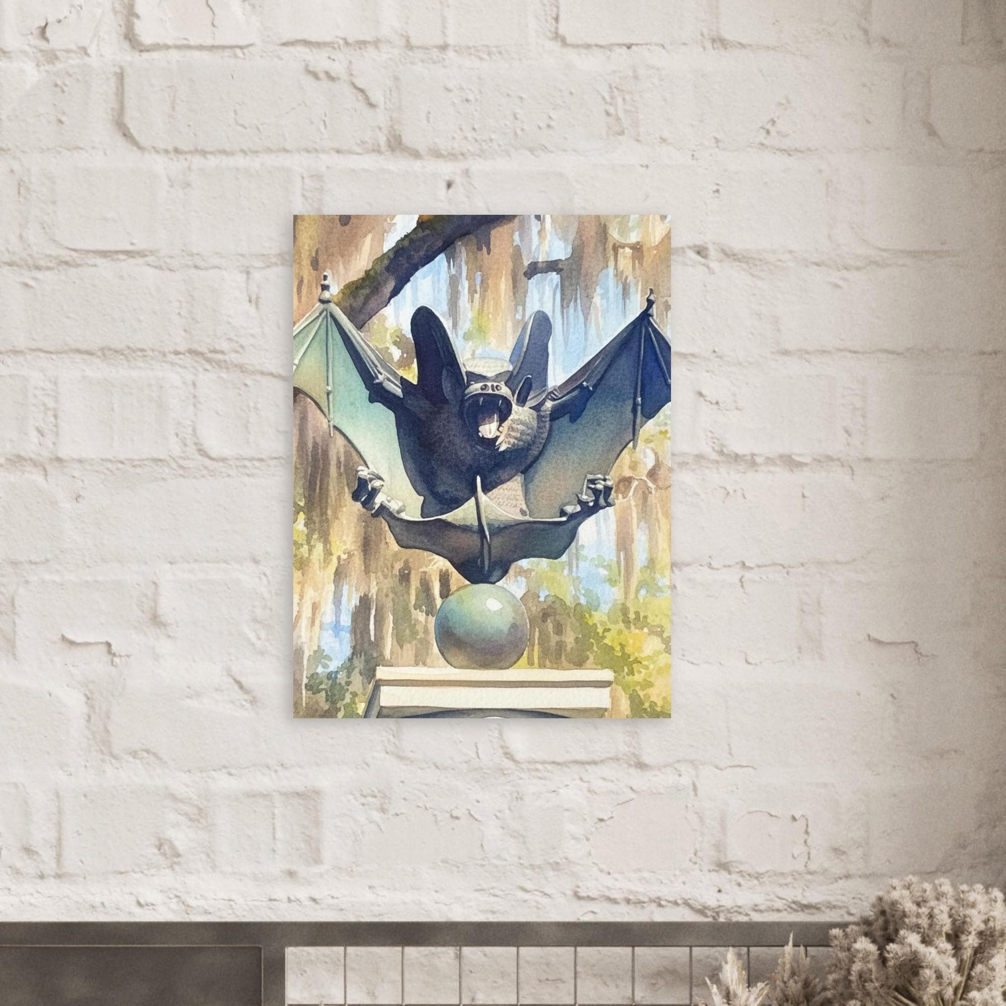 Gothic Bat Statue Fine Art Print - Dark Academia Wall Decor, Witchy Home Office Art, Spooky Victorian Style Illustration
