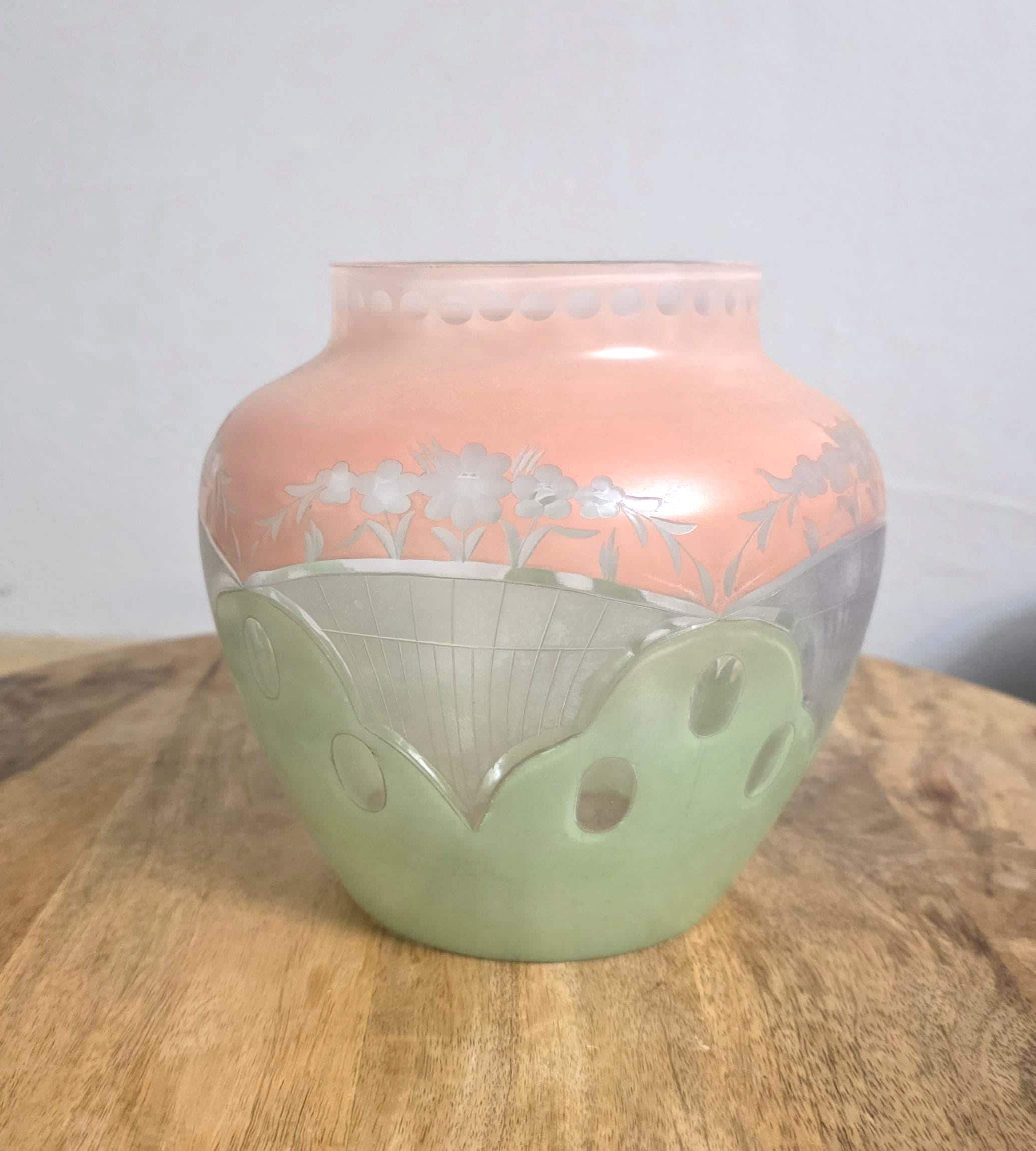 Vintage Pink and Green Art Nouveau Glass Vase