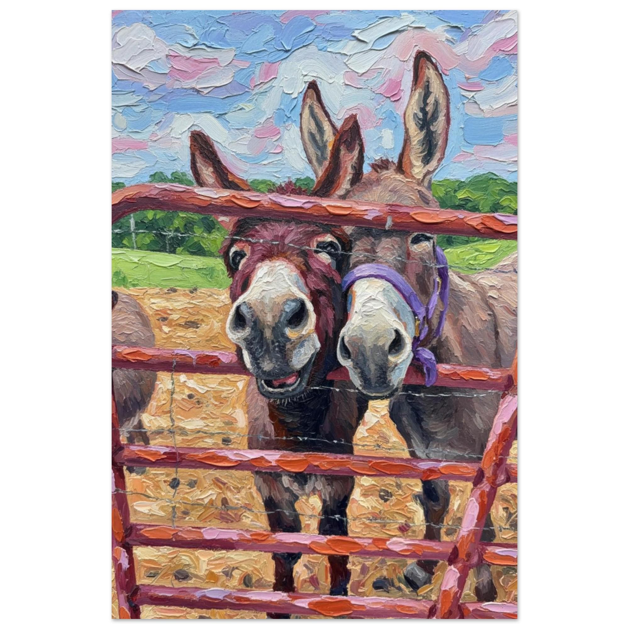 Two Happy Barnyard Donkeys Fine Art Print - Rustic Farmhouse Wall Decor - Whimsical Donkey Illustration - Animal Lover Gift - Thumbnail 2