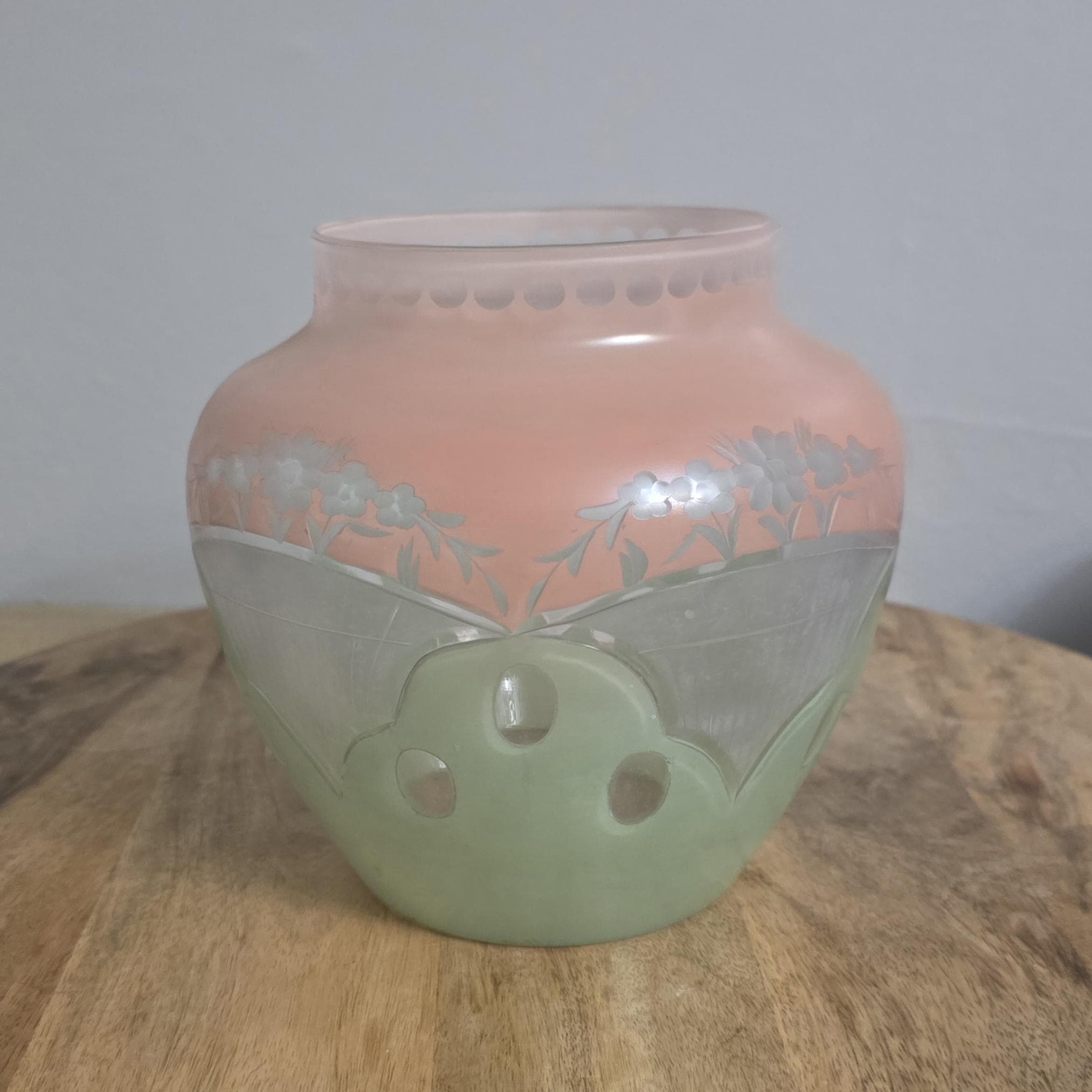 Vintage Pink and Green Art Nouveau Glass Vase - Thumbnail 3