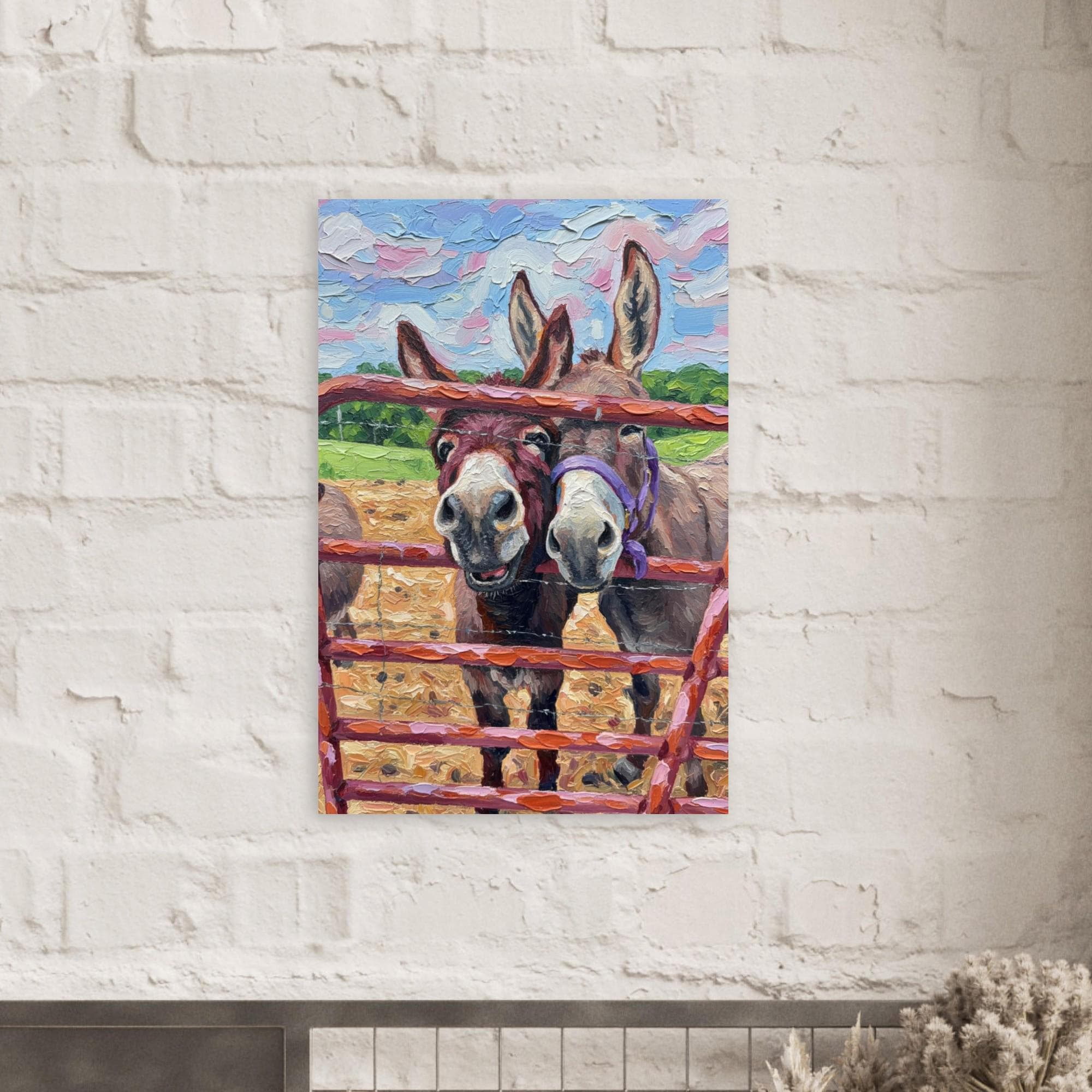 Two Happy Barnyard Donkeys Fine Art Print - Rustic Farmhouse Wall Decor - Whimsical Donkey Illustration - Animal Lover Gift