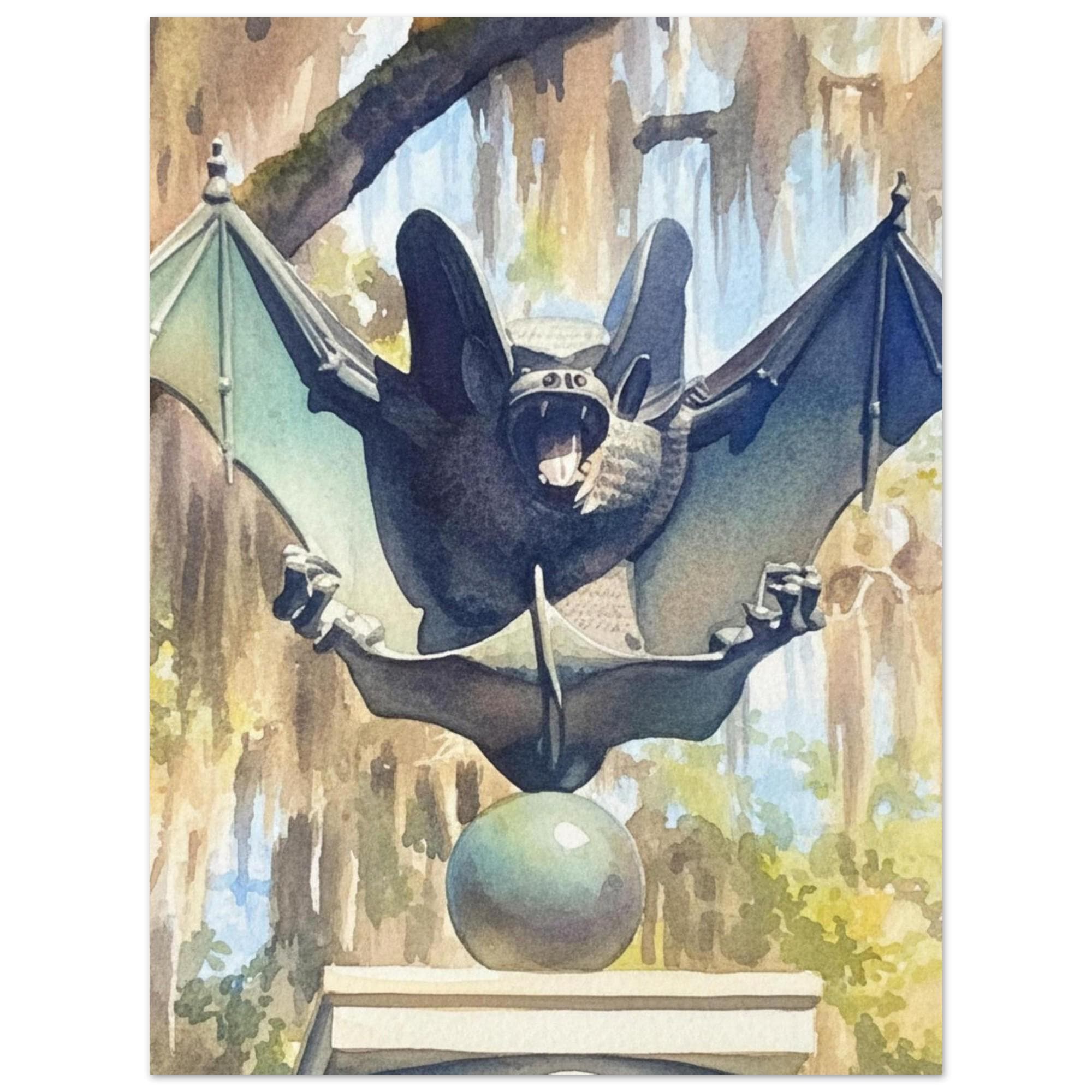 Gothic Bat Statue Fine Art Print - Dark Academia Wall Decor, Witchy Home Office Art, Spooky Victorian Style Illustration - Thumbnail 2