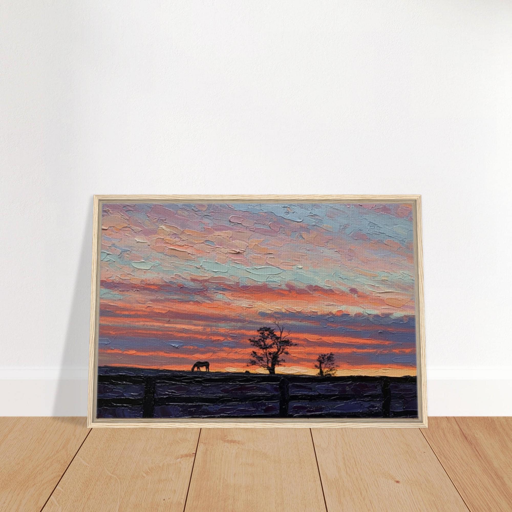 Horse Farm Sunset Canvas Art – Rustic Farmhouse Equestrian Wall Decor
