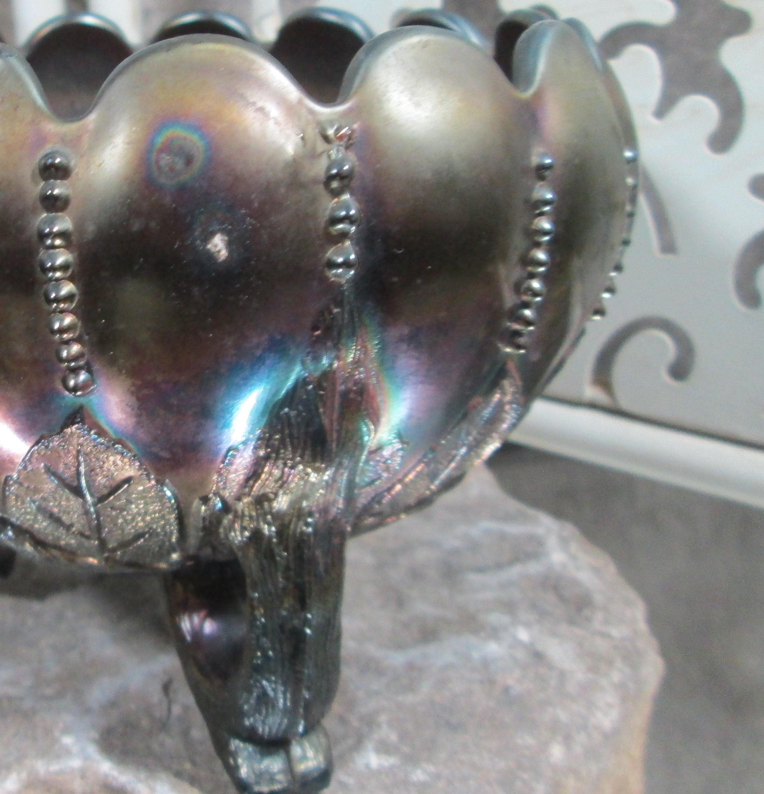 Antique Northwood Carnival Glass Leaf and Beads Amethyst Bowl - Thumbnail 4