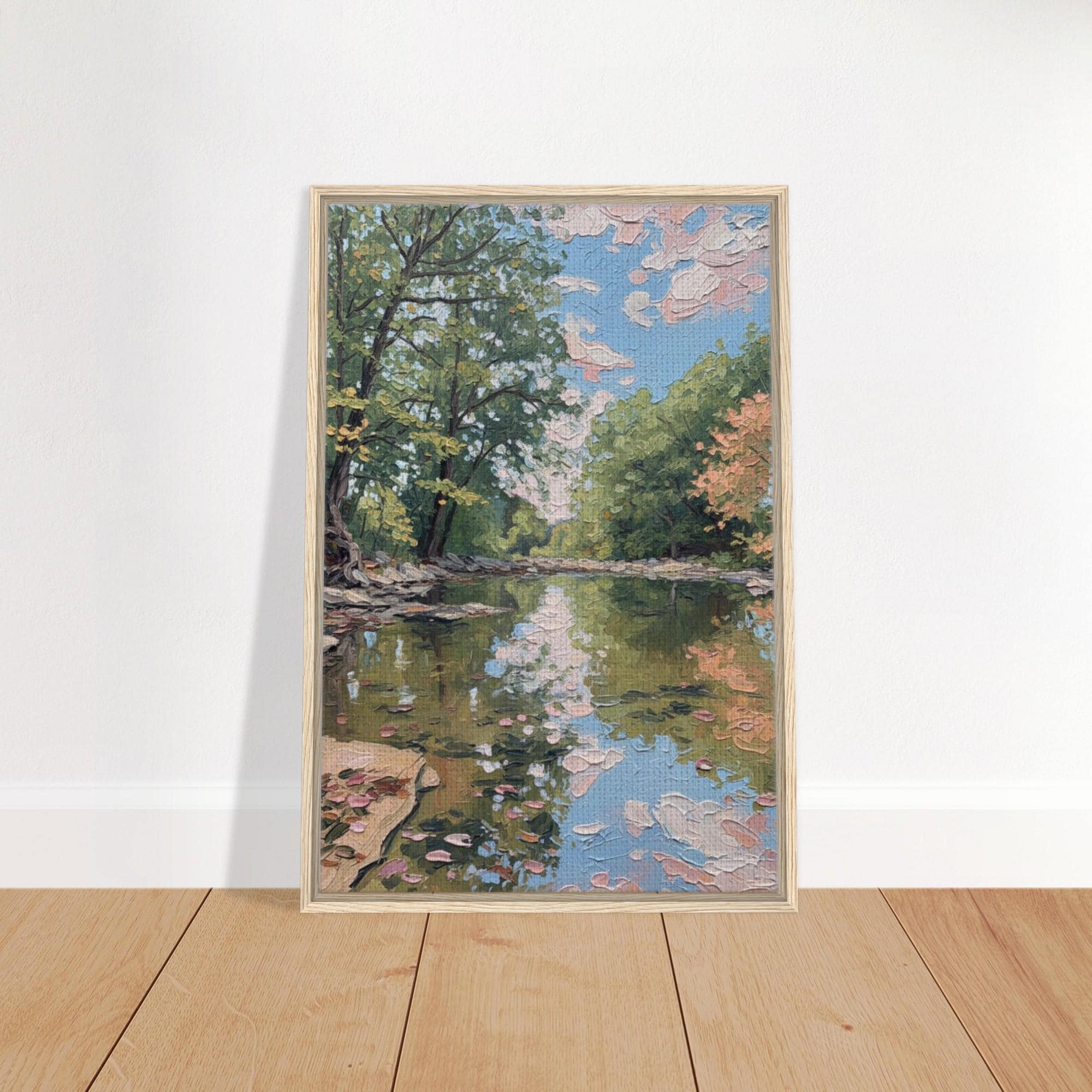 Walk Through the Creek Framed Canvas Print, Nature Landscape Wall Art, Forest Stream Decor