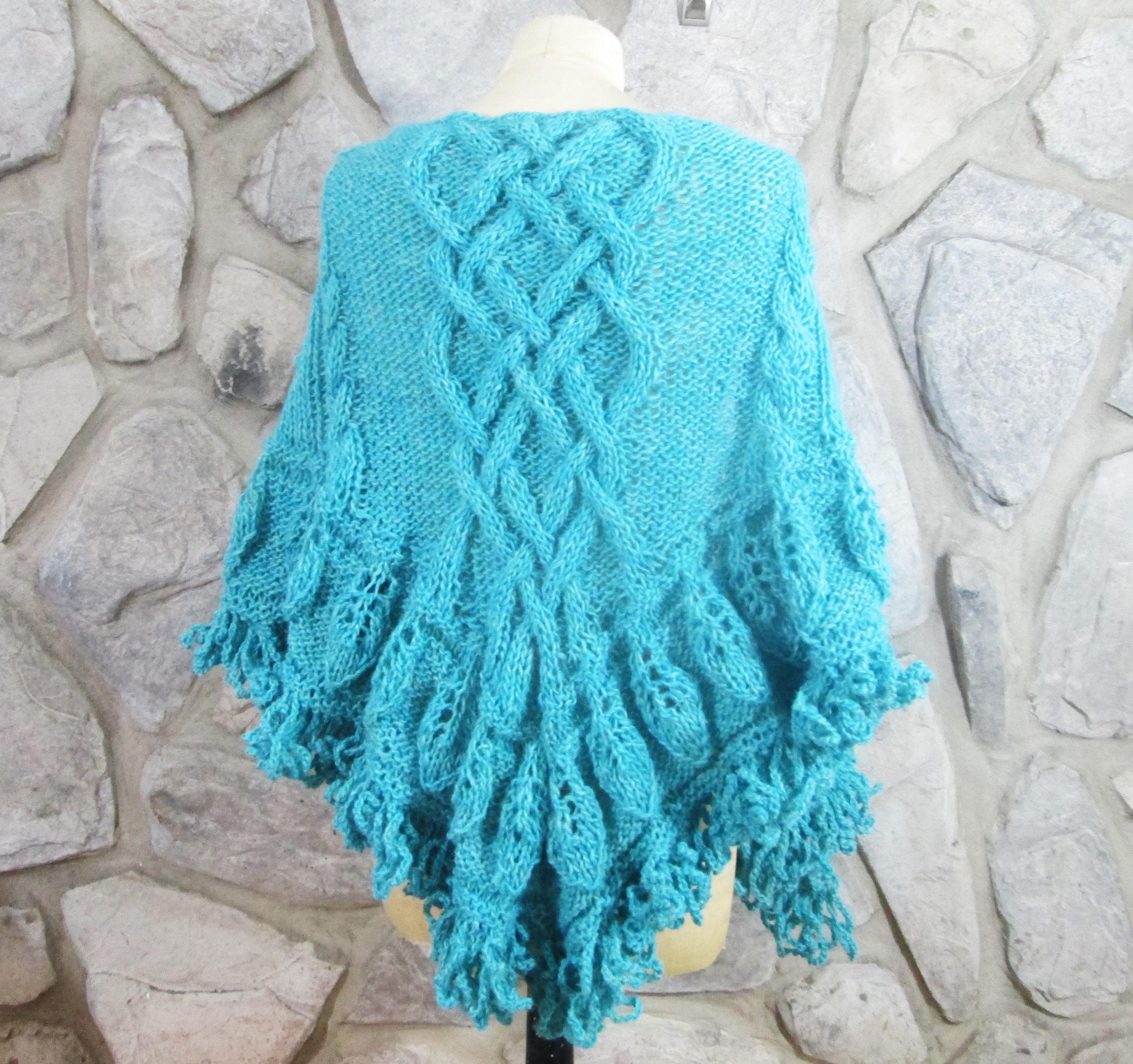 Handmade Blue Wool Celtic Knot/Cable Knit Triangle Shawl Leaf Design Border,Looped Fringe