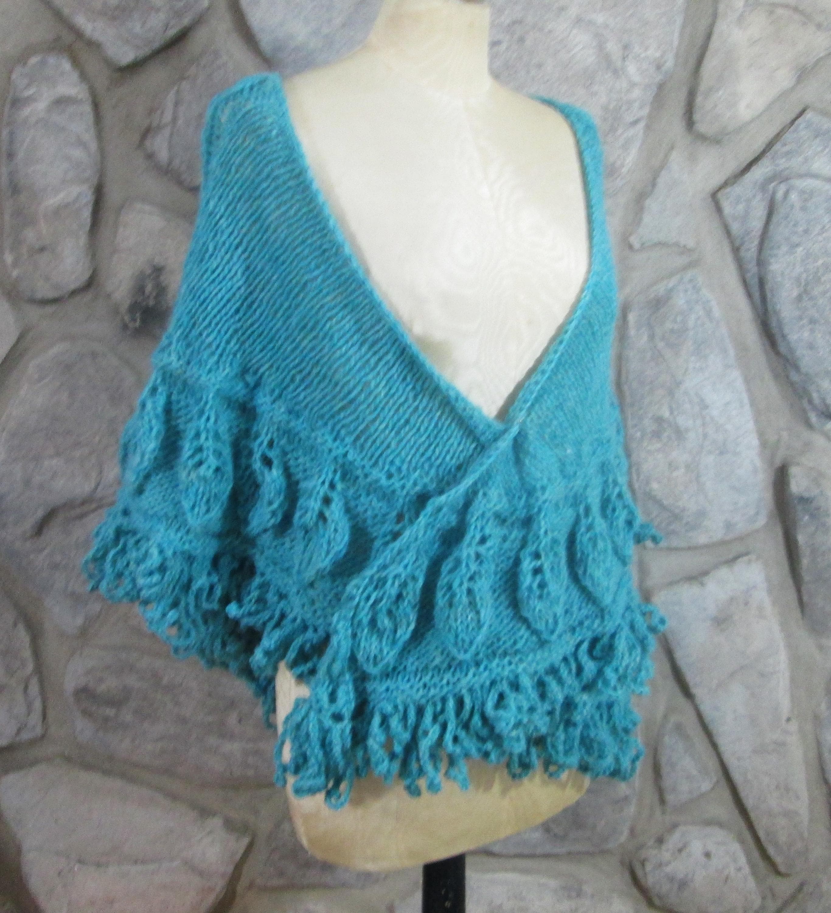 Handmade Blue Wool Celtic Knot/Cable Knit Triangle Shawl Leaf Design Border,Looped Fringe - Thumbnail 2