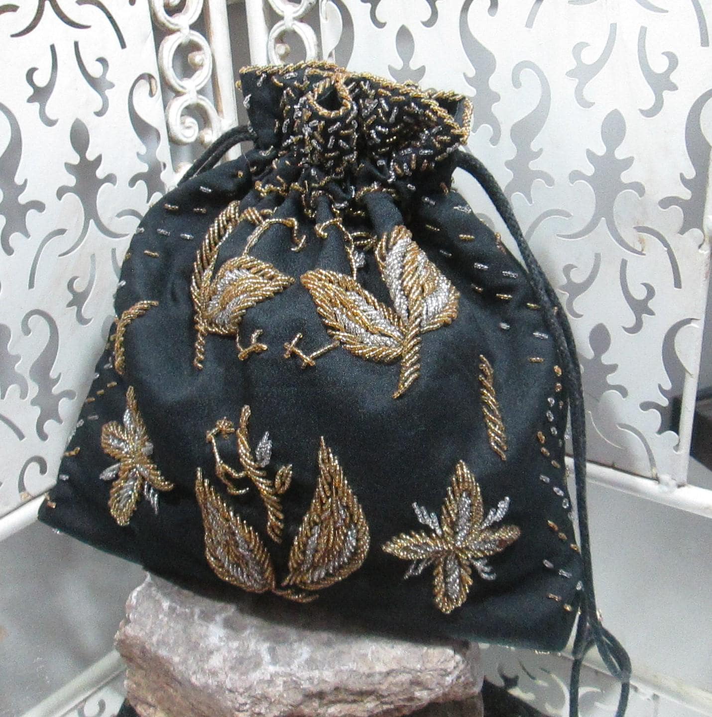 Vintage Black Gold Beaded Drawstring Evening Bag, British Hong Kong - Thumbnail 2