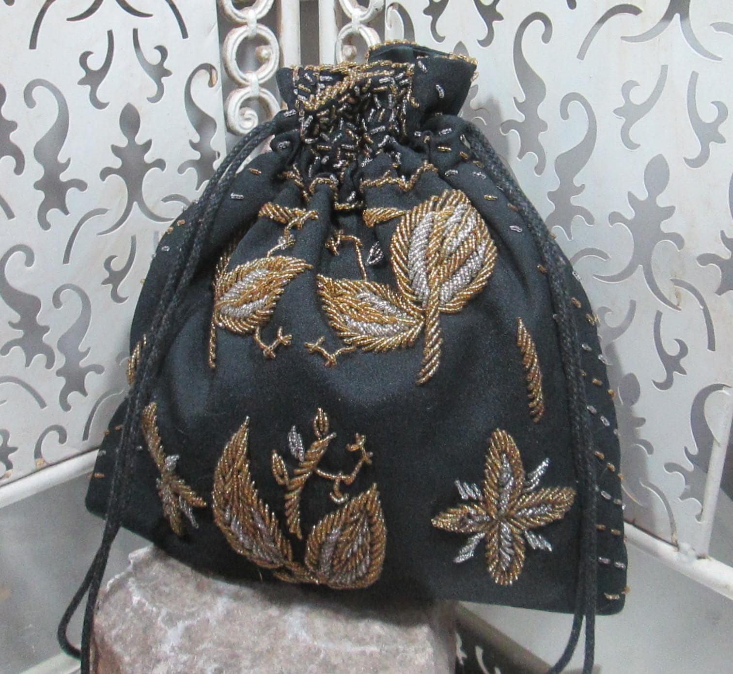 Vintage Black Gold Beaded Drawstring Evening Bag, British Hong Kong