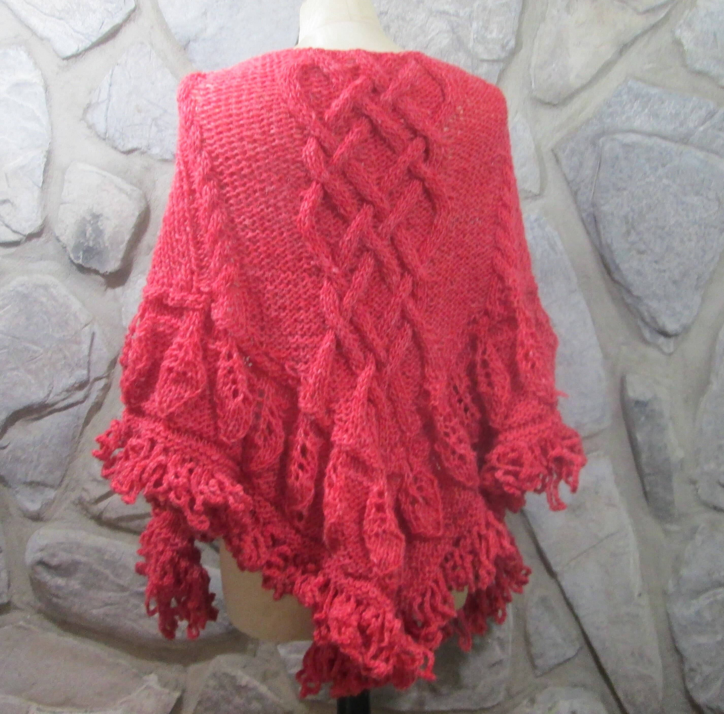 Handmade Red Wool Celtic Knot/Cable Knit Triangle Shawl Leaf Design Border,Looped Fringe