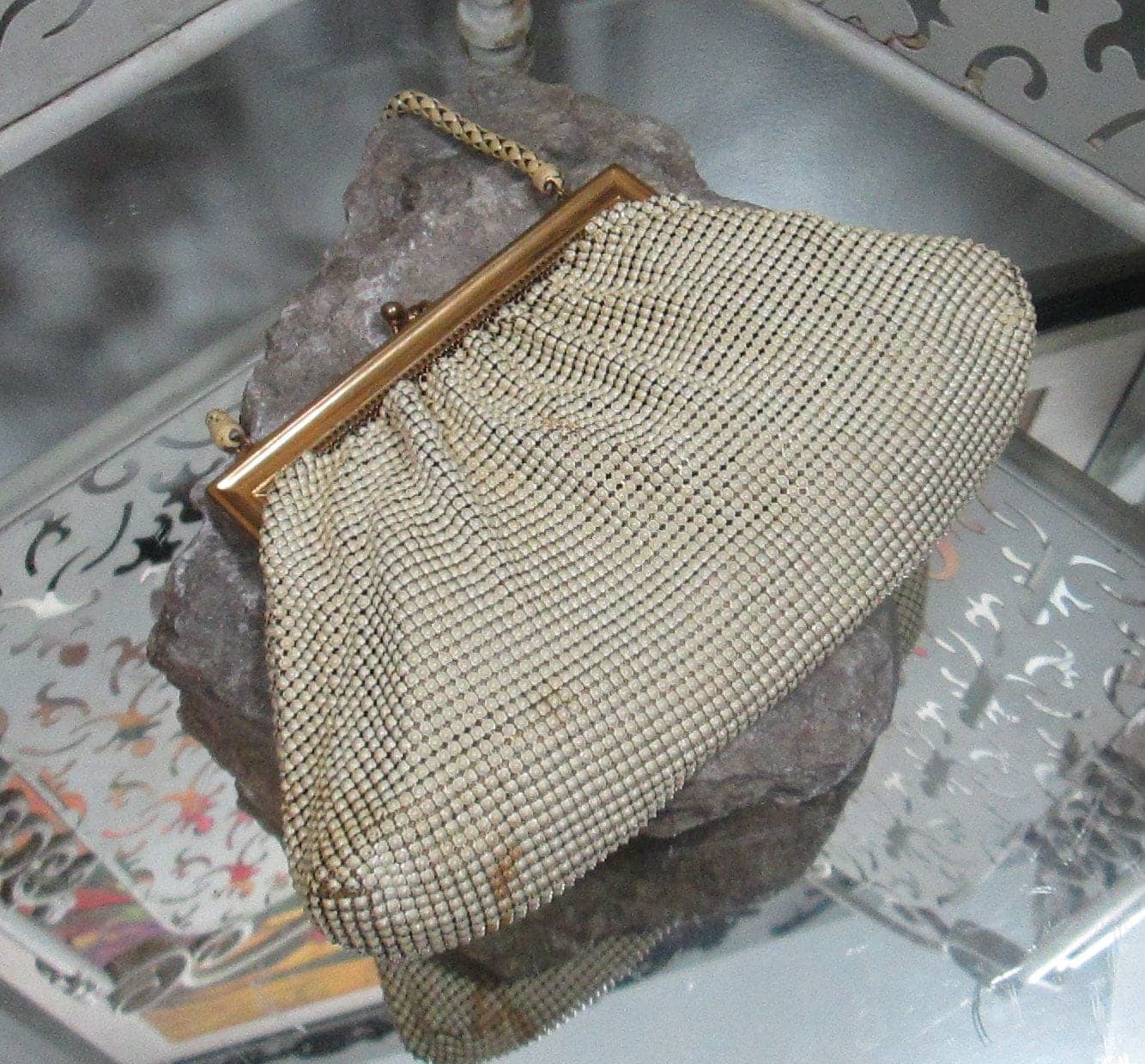 Vintage Whiting & Davis Cream Mesh Handbag Evening Purse - Thumbnail 2