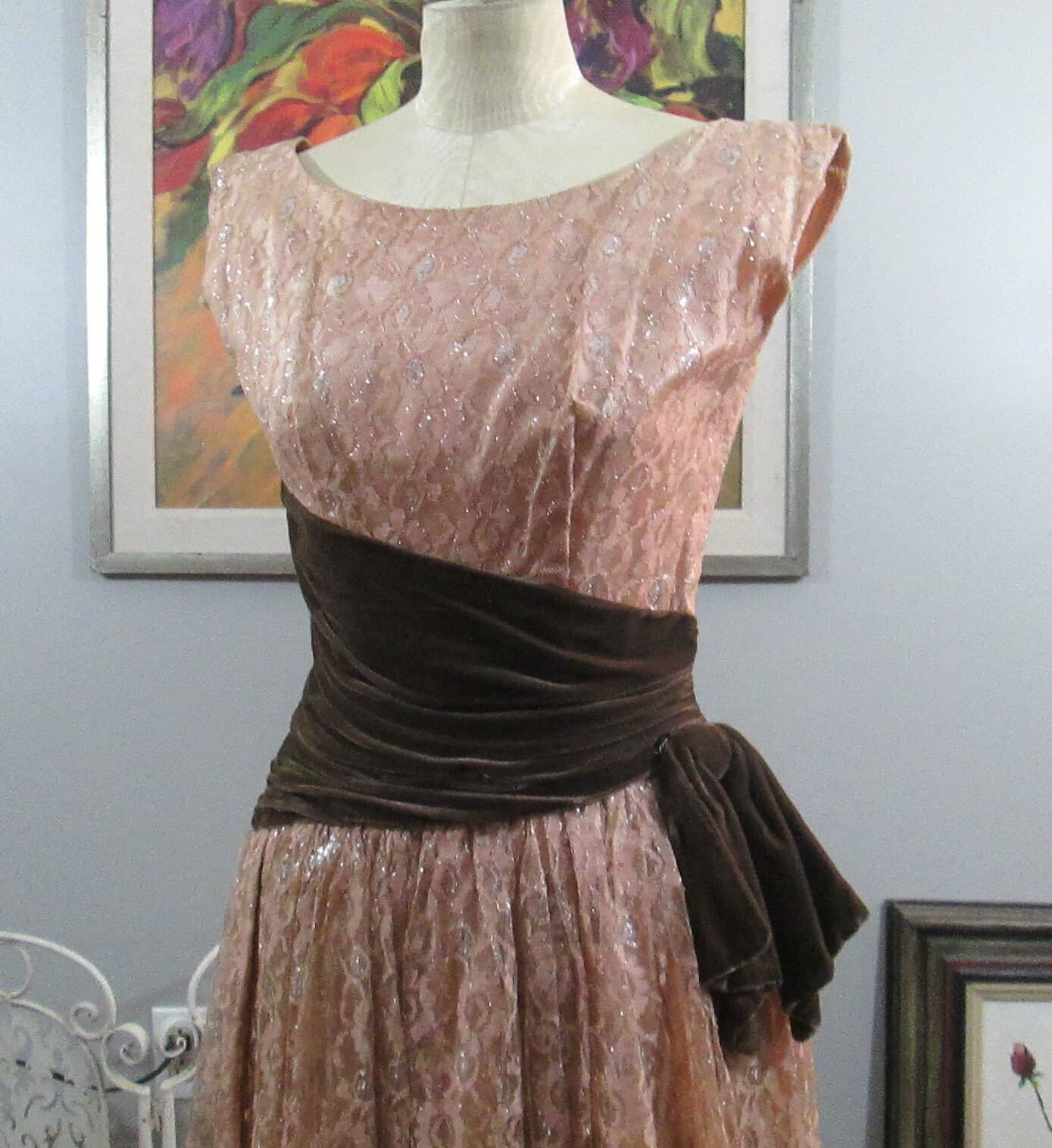 Vintage 1950's Lace and Velvet Party Dress - Thumbnail 2