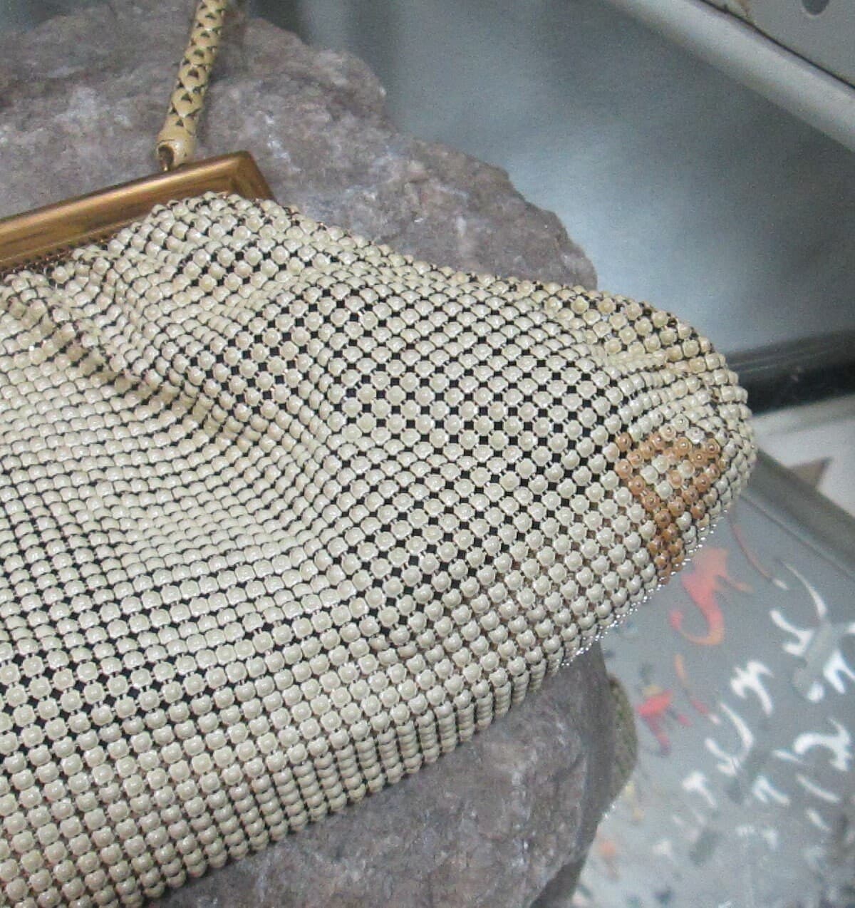 Vintage Whiting & Davis Cream Mesh Handbag Evening Purse - Thumbnail 3