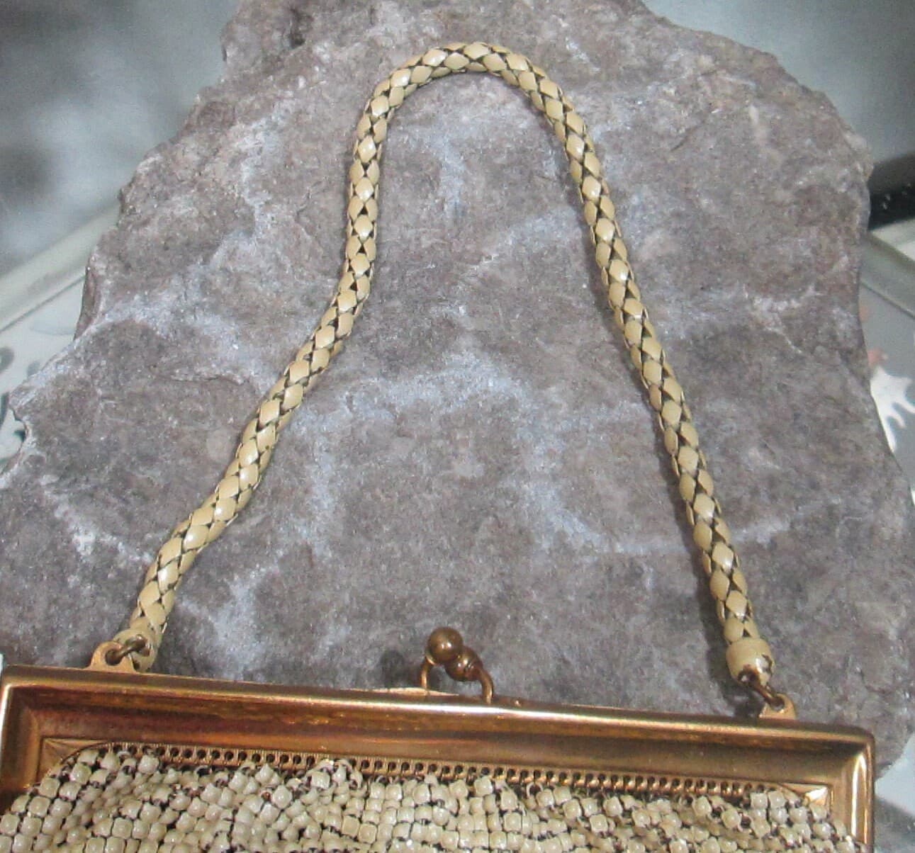 Vintage Whiting & Davis Cream Mesh Handbag Evening Purse - Thumbnail 5