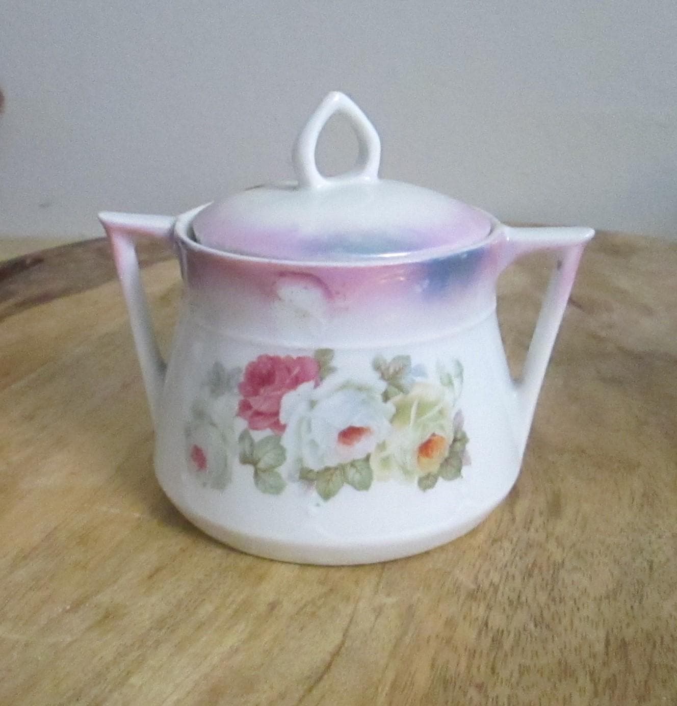 Antique Cottage Core Cabbage Rose Pattern Sugar Bowl