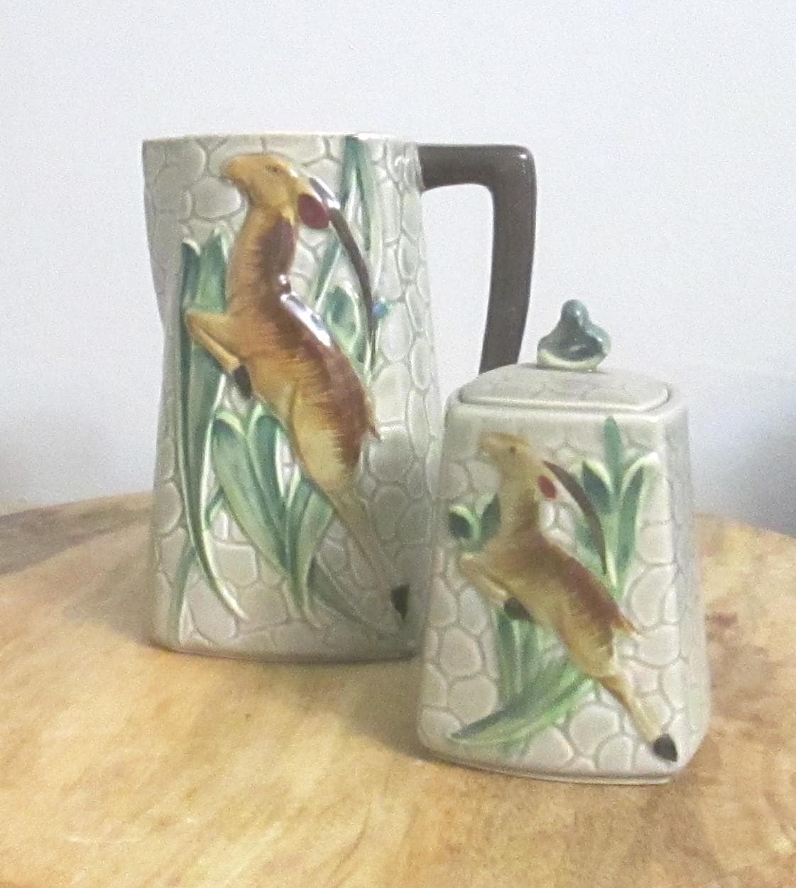 Vintage 1940s Farmhouse Decor Leaping Antelope Pitcher and Canister