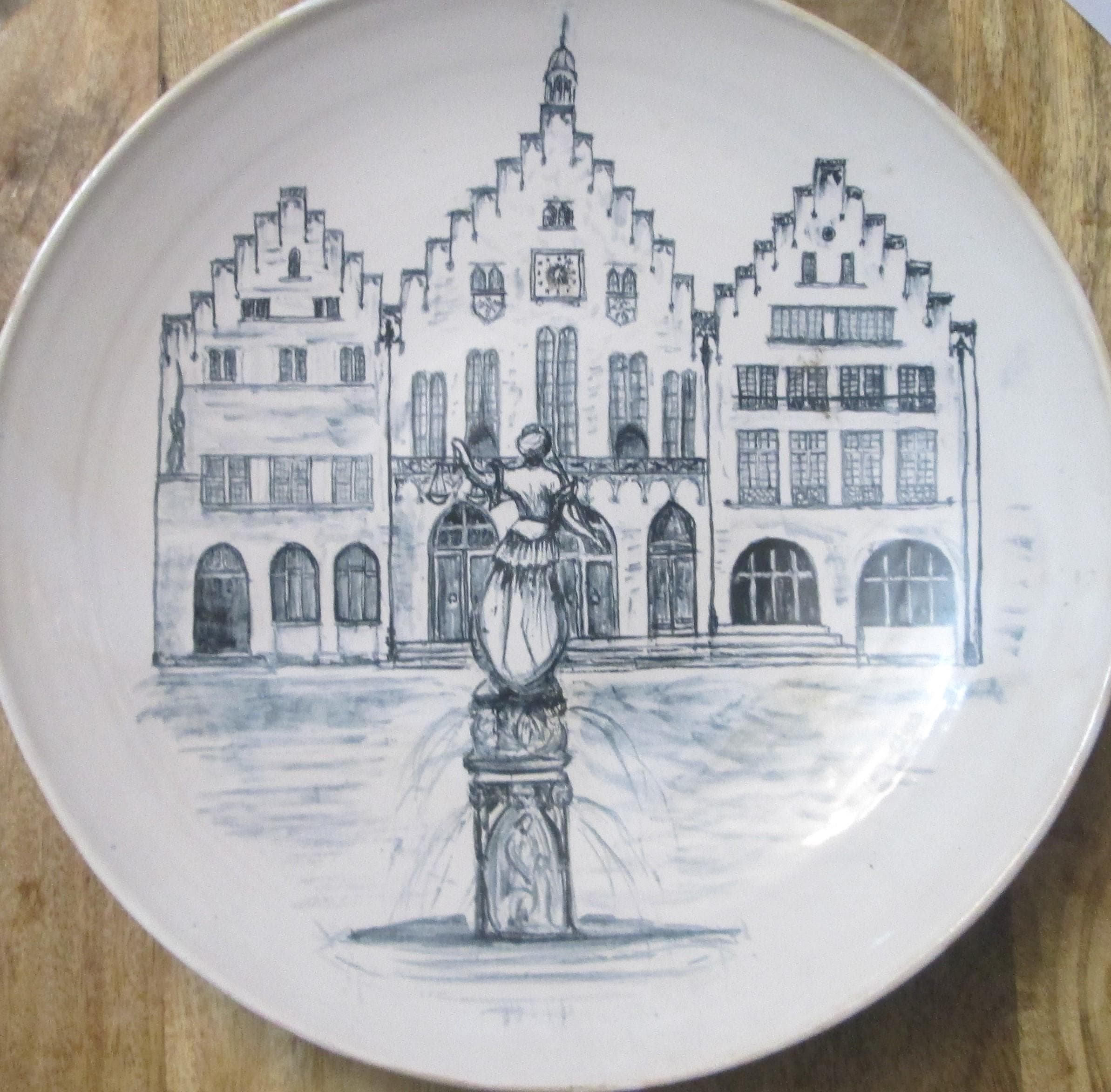 Vintage German White and Blue Faience Bowl Featuring German Scene