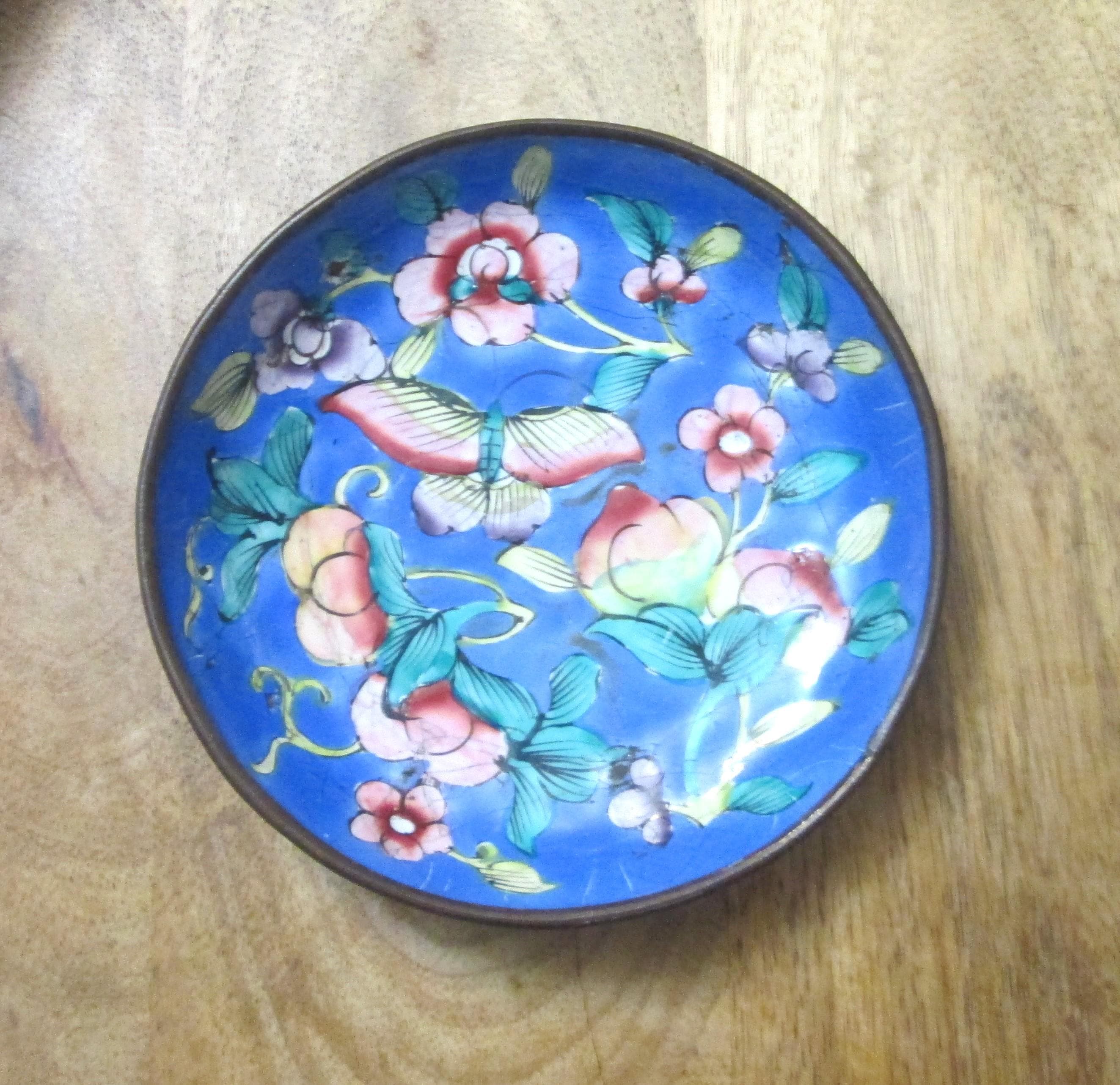Antique Chinese Butterfly and Floral Enamel Dish