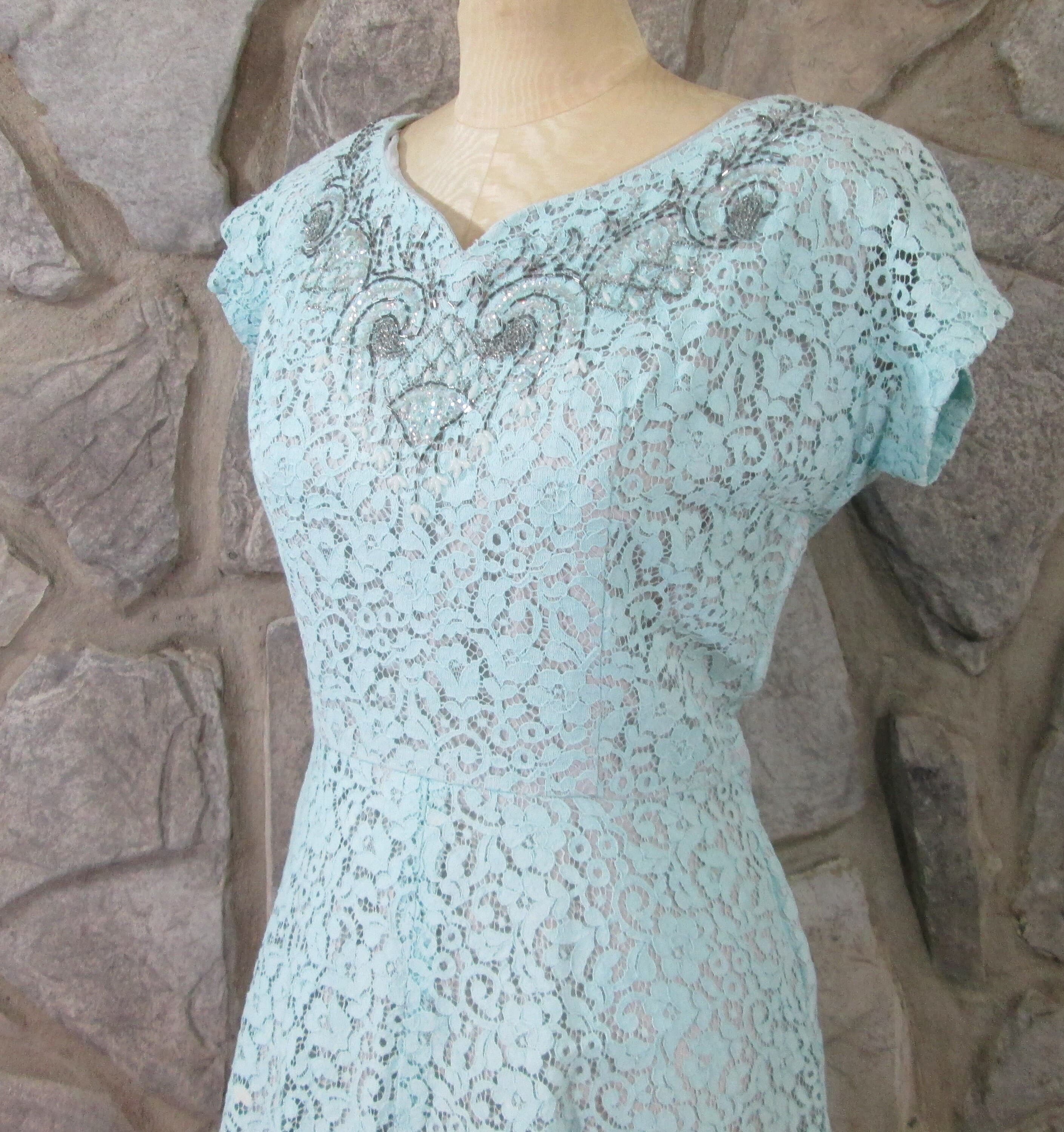 Vintage Early 1950's Blue Lace Cocktail Dress - Thumbnail 2