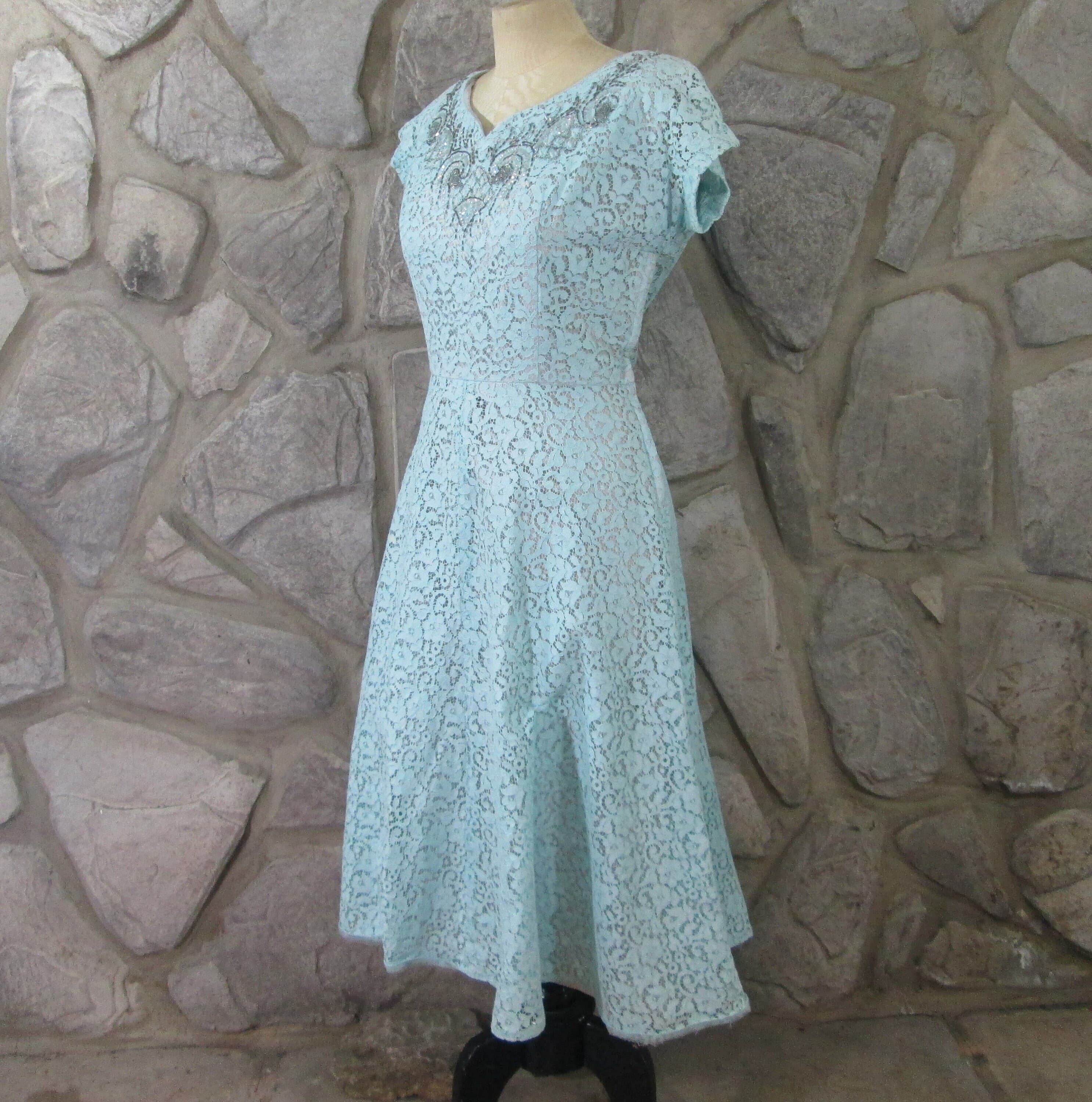 Vintage Early 1950's Blue Lace Cocktail Dress