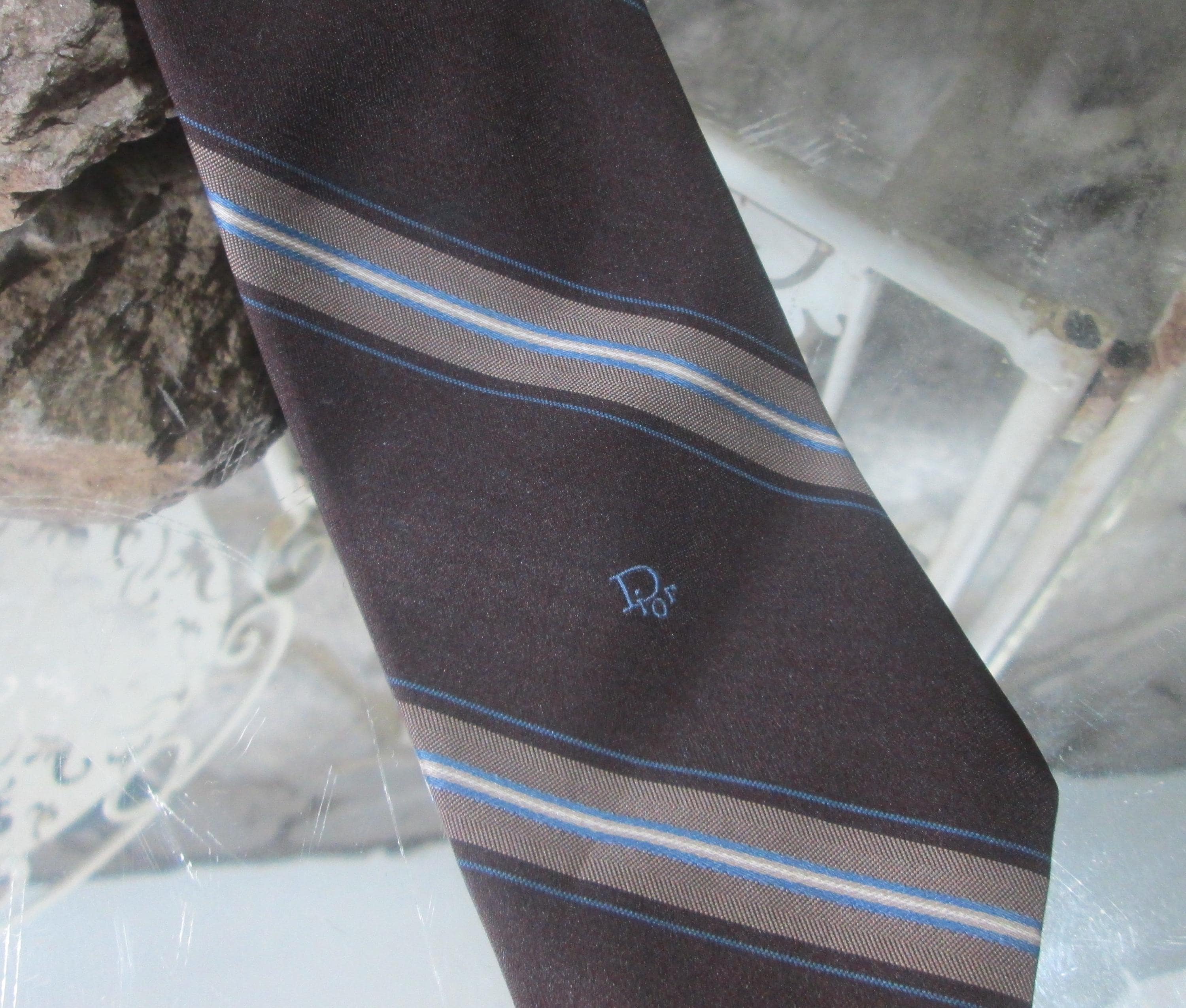 Vintage Christian Dior Brown Striped Logo Tie, 1970s - Thumbnail 2