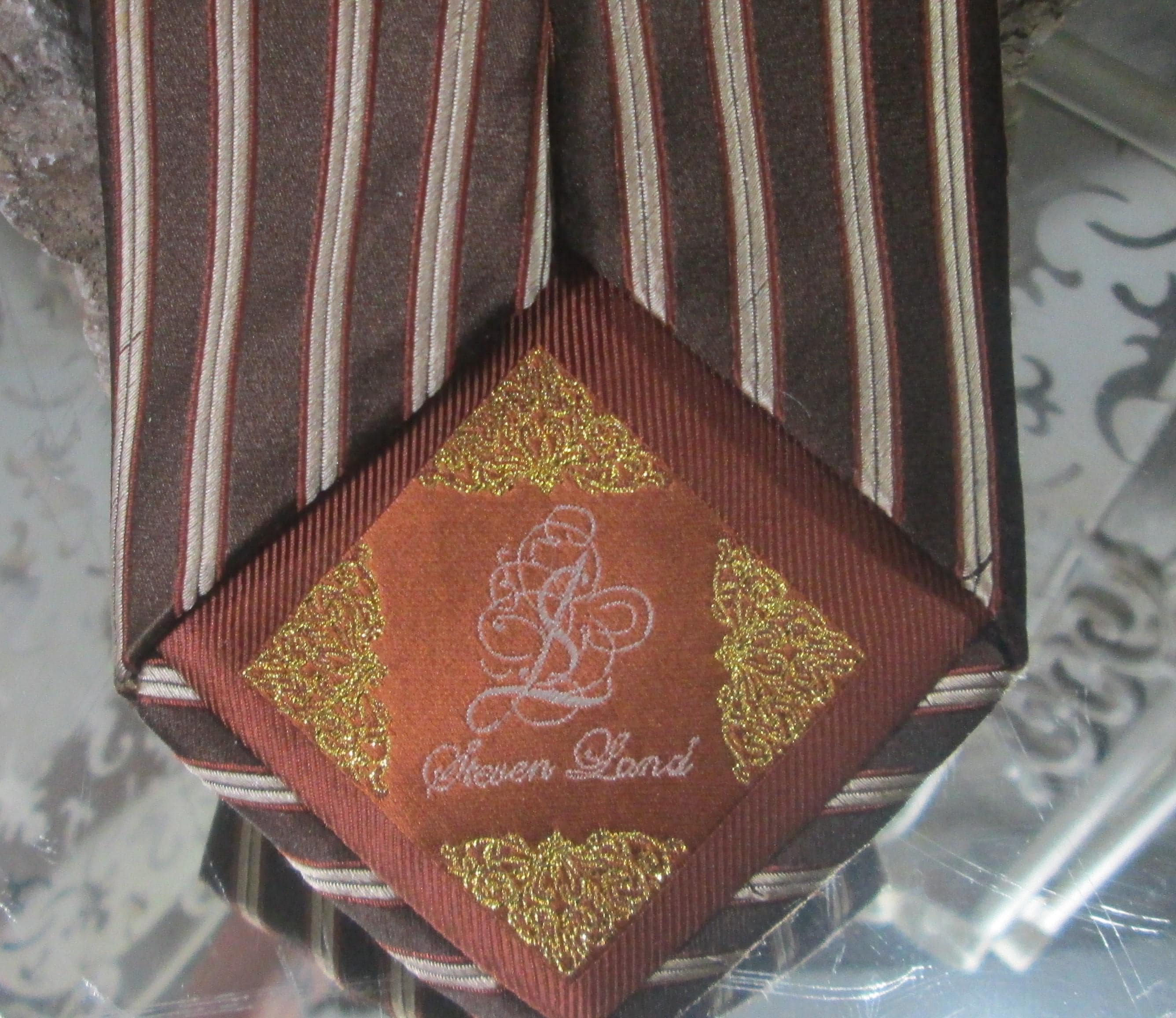 Vintage Steven Land Brown Striped and Checked Silk Tie - Thumbnail 2