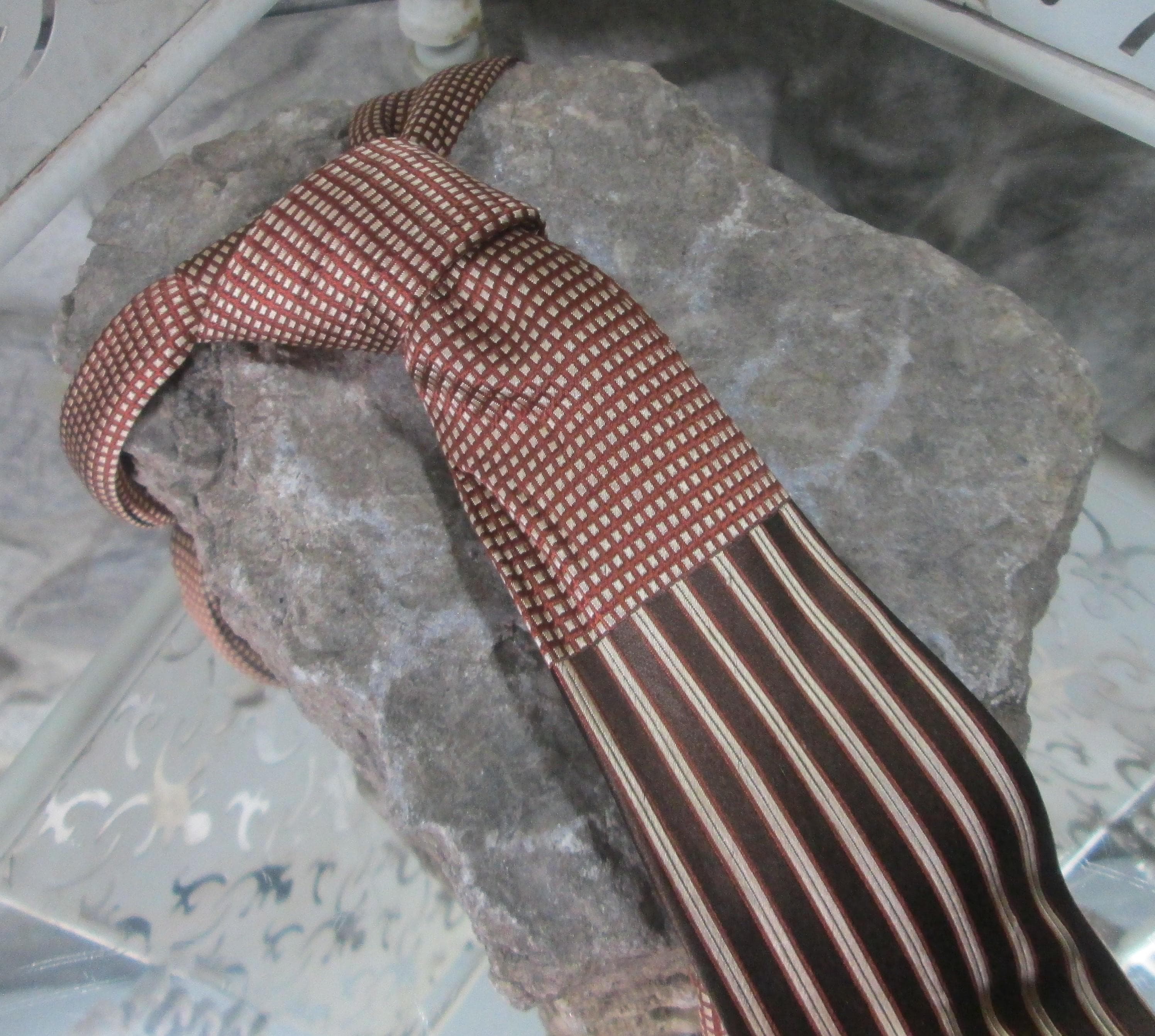 Vintage Steven Land Brown Striped and Checked Silk Tie