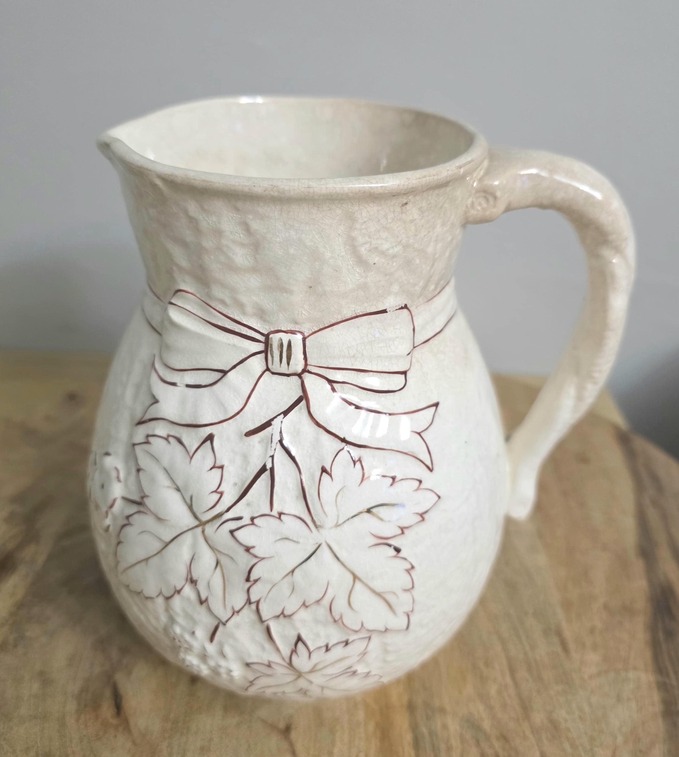 Antique Farmhouse Decor Cream Stoneware Pitcher - Thumbnail 4