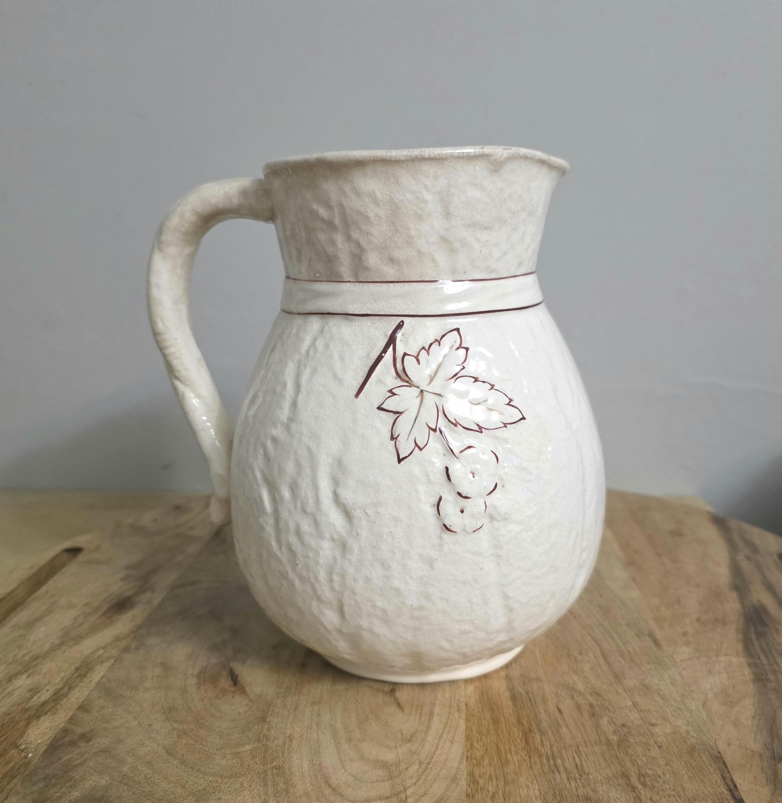 Antique Farmhouse Decor Cream Stoneware Pitcher - Thumbnail 3