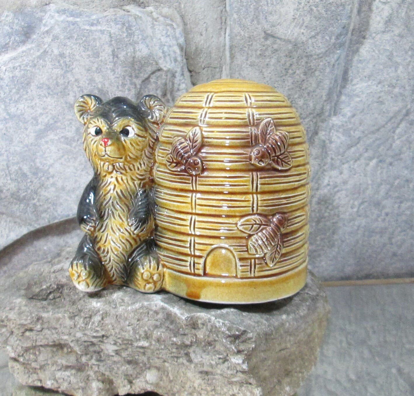 Vintage Ceramic Bear and Beehive Bank