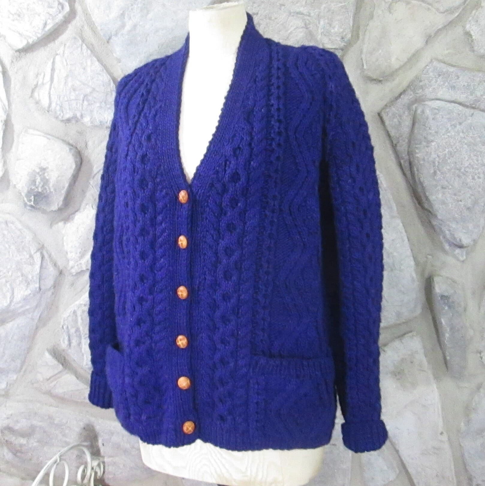 Handmade Purple Merino Wool Irish Knit Aran Fisherman's Cardigan