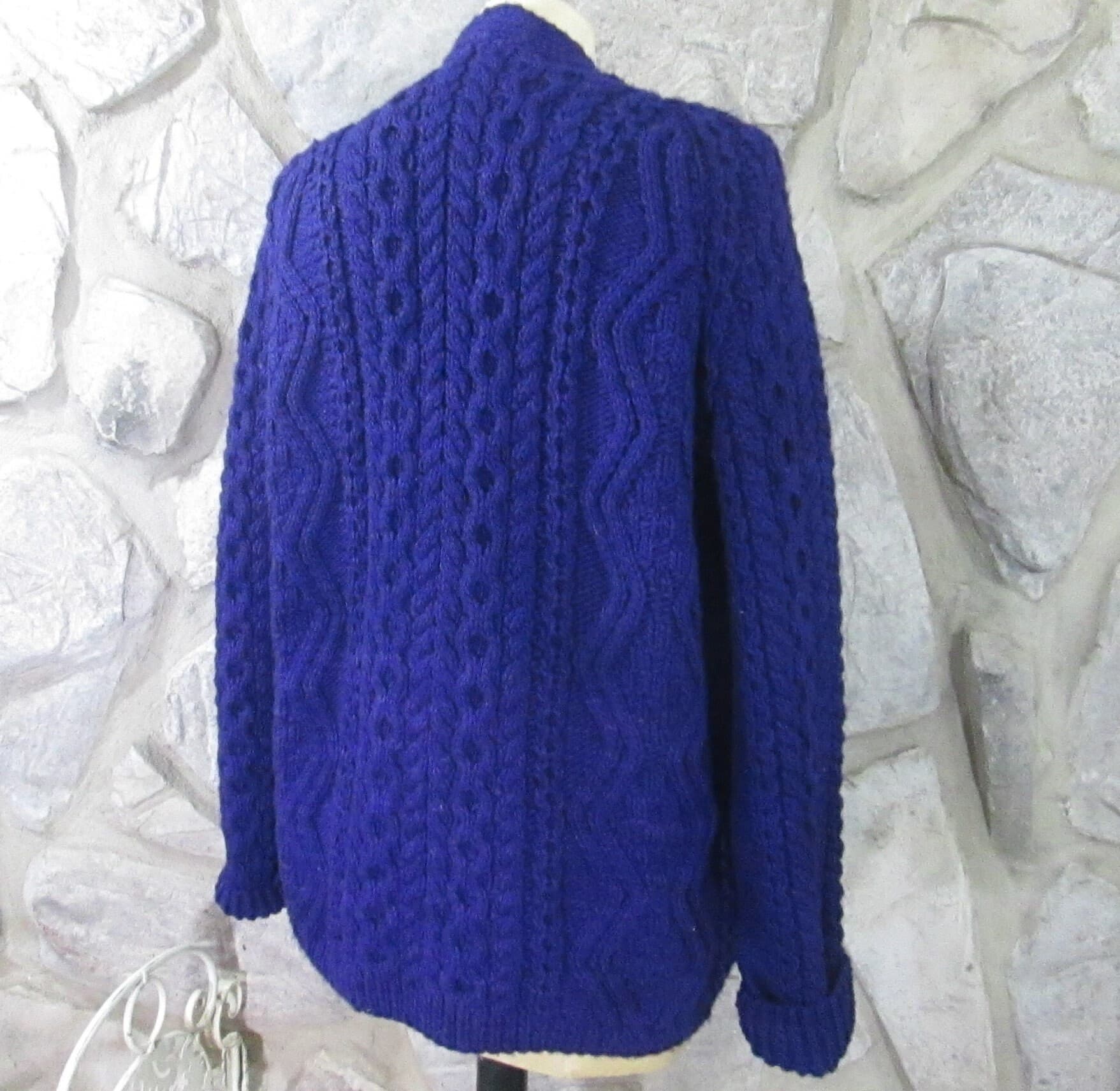 Handmade Purple Merino Wool Irish Knit Aran Fisherman's Cardigan - Thumbnail 2