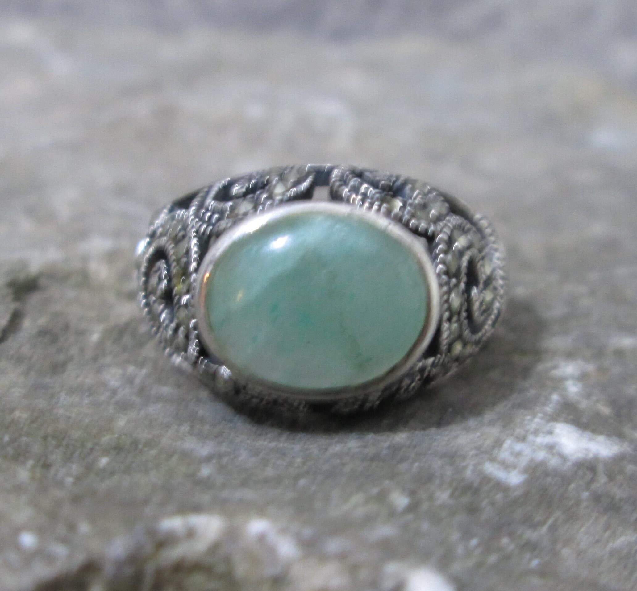 Vintage Marsala Sterling Silver 925 Pierced Marcasite and Jade Ring - Thumbnail 2