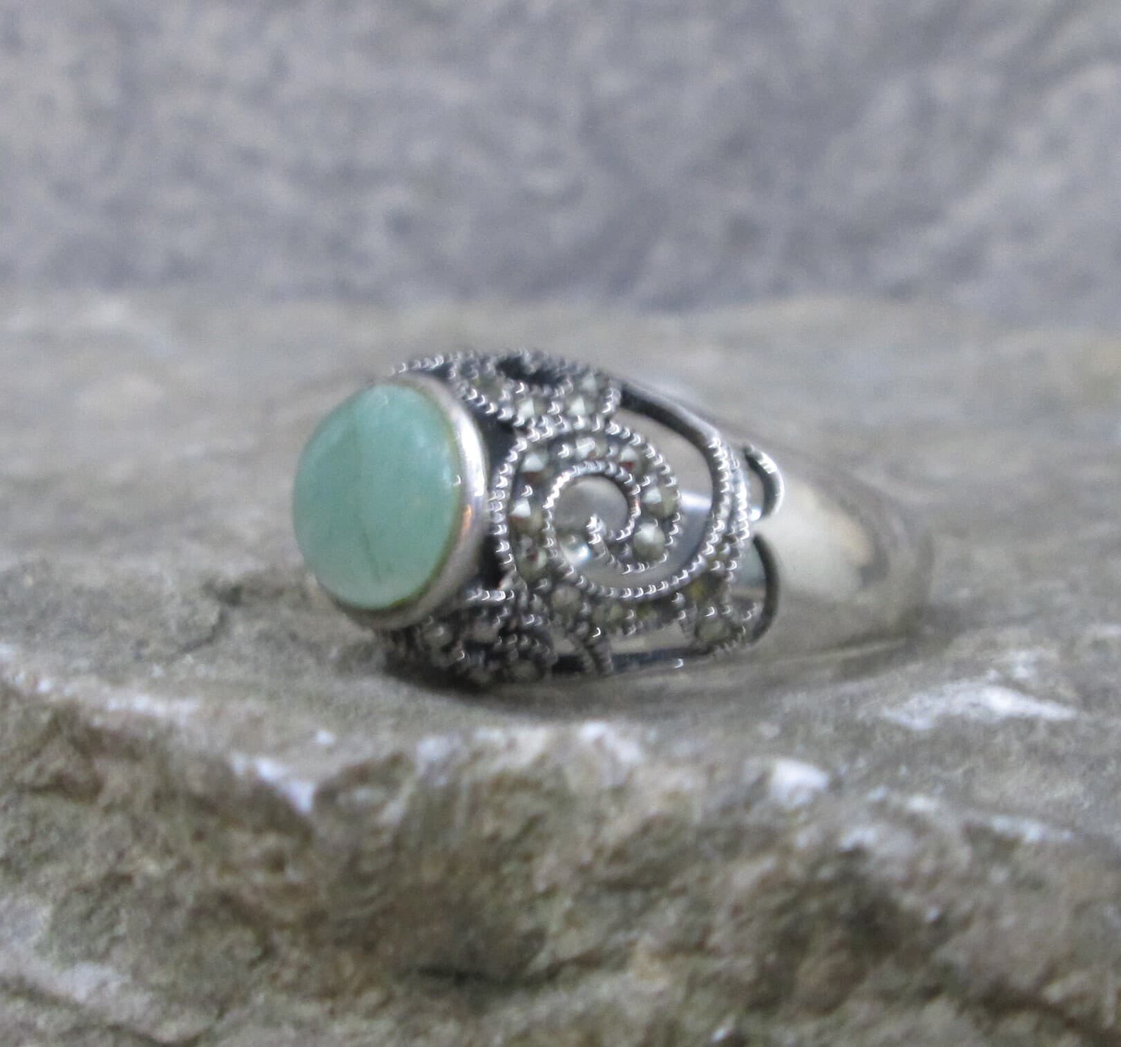 Vintage Marsala Sterling Silver 925 Pierced Marcasite and Jade Ring