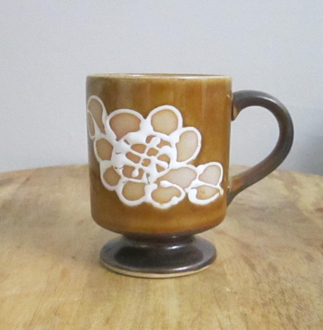 Vintage Brown Glaze Stoneware Pottery Mug with Floral Design