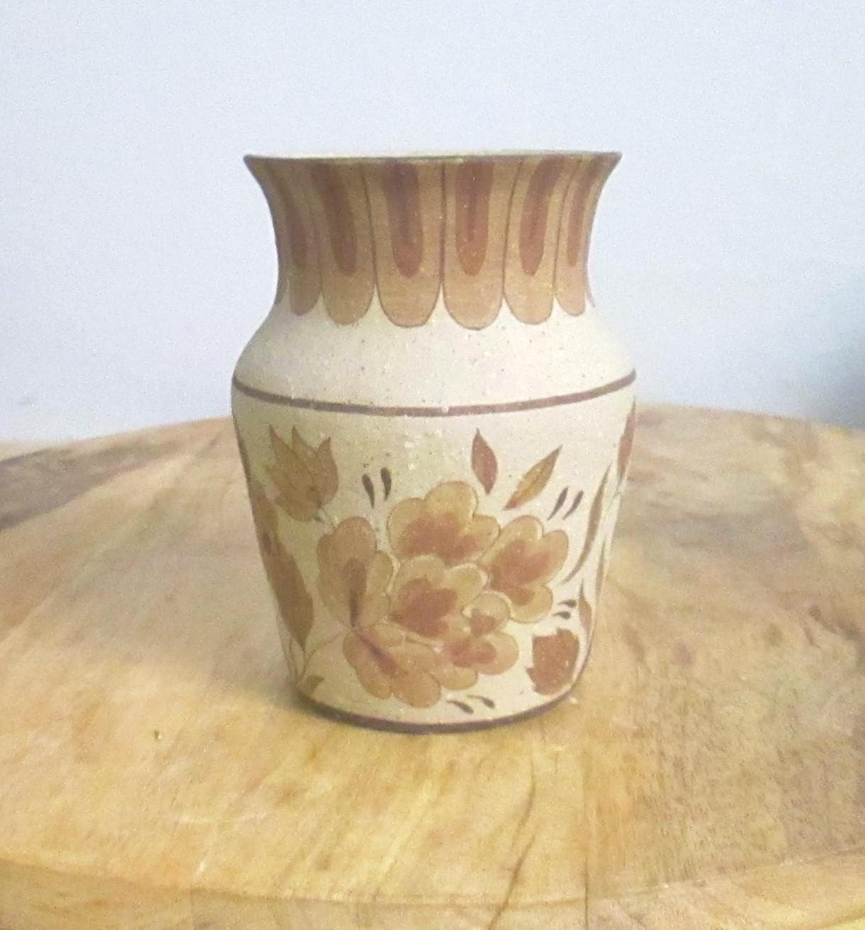 Vintage Brown Floral Design Pottery Vase by Barbie - Thumbnail 4