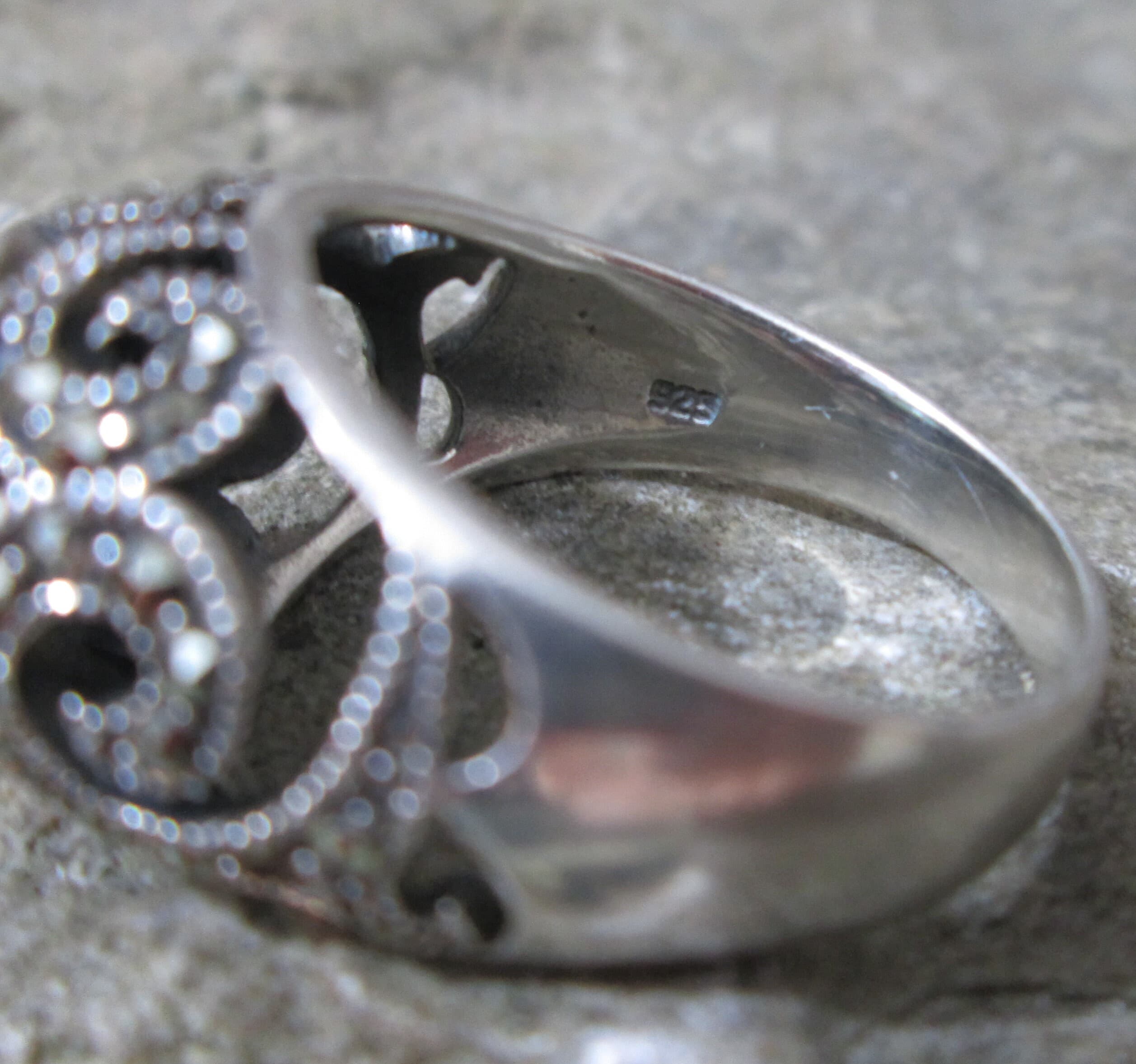 Vintage Marsala Sterling Silver 925 Pierced Marcasite and Jade Ring - Thumbnail 4