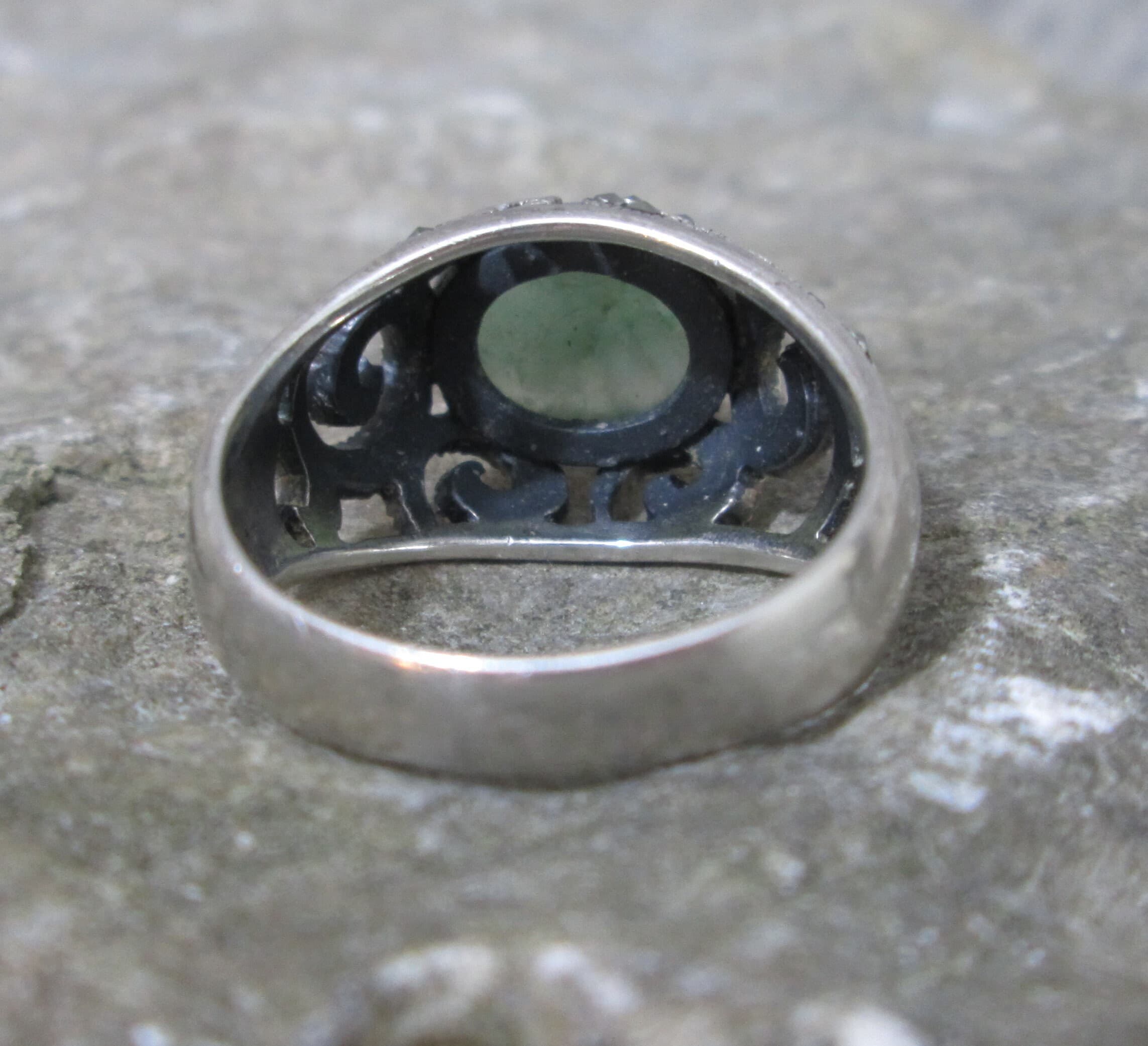 Vintage Marsala Sterling Silver 925 Pierced Marcasite and Jade Ring - Thumbnail 3
