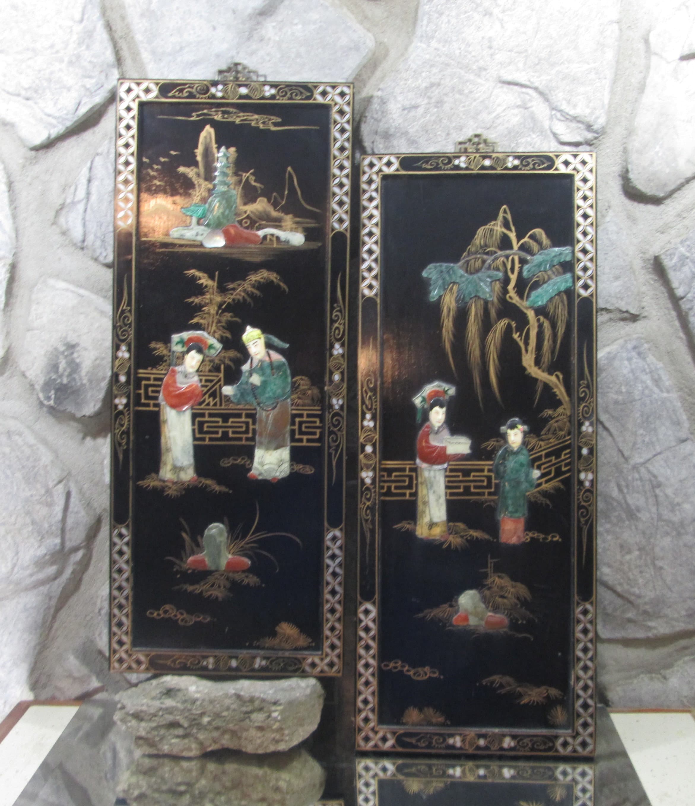 Pair of Vintage Chinese Wall Hangings with Carved Stones
