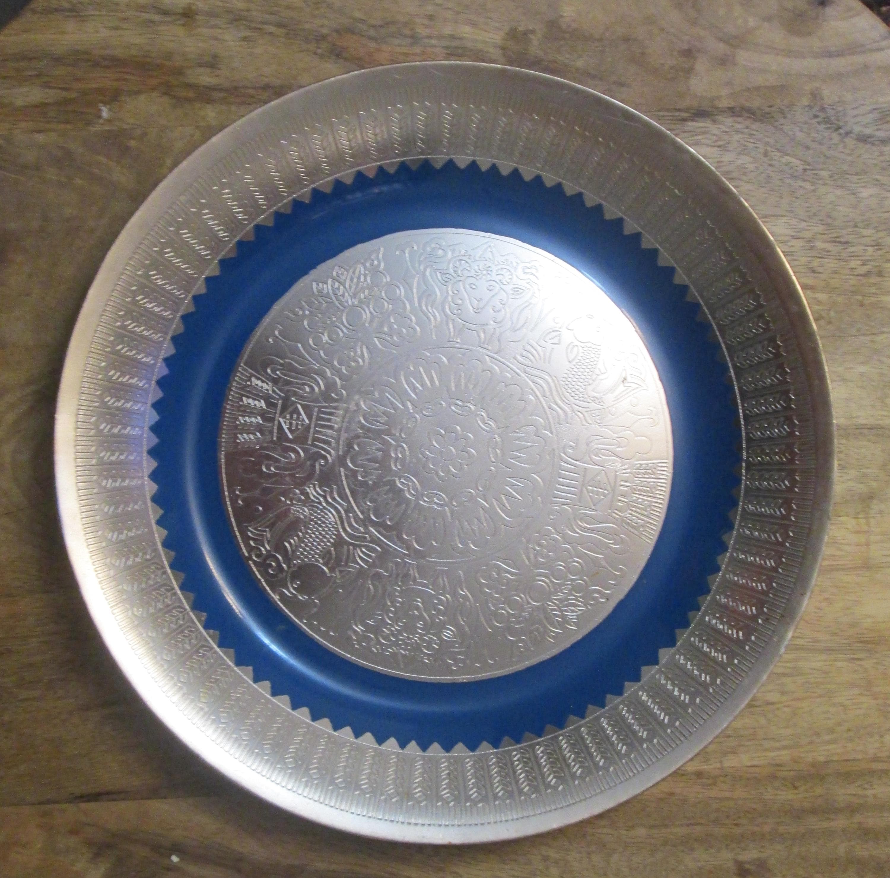 Vintage Metal and Blue Enamel Engraved Plate / Tray