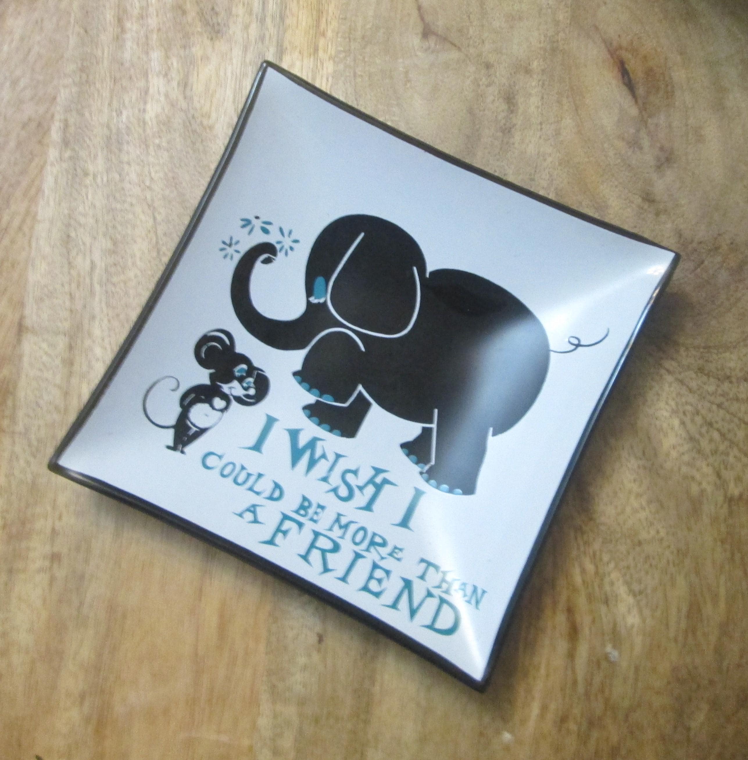 Vintage Elephant Mouse Bent Glass Dish, Smoked Black Teal Quote Tray