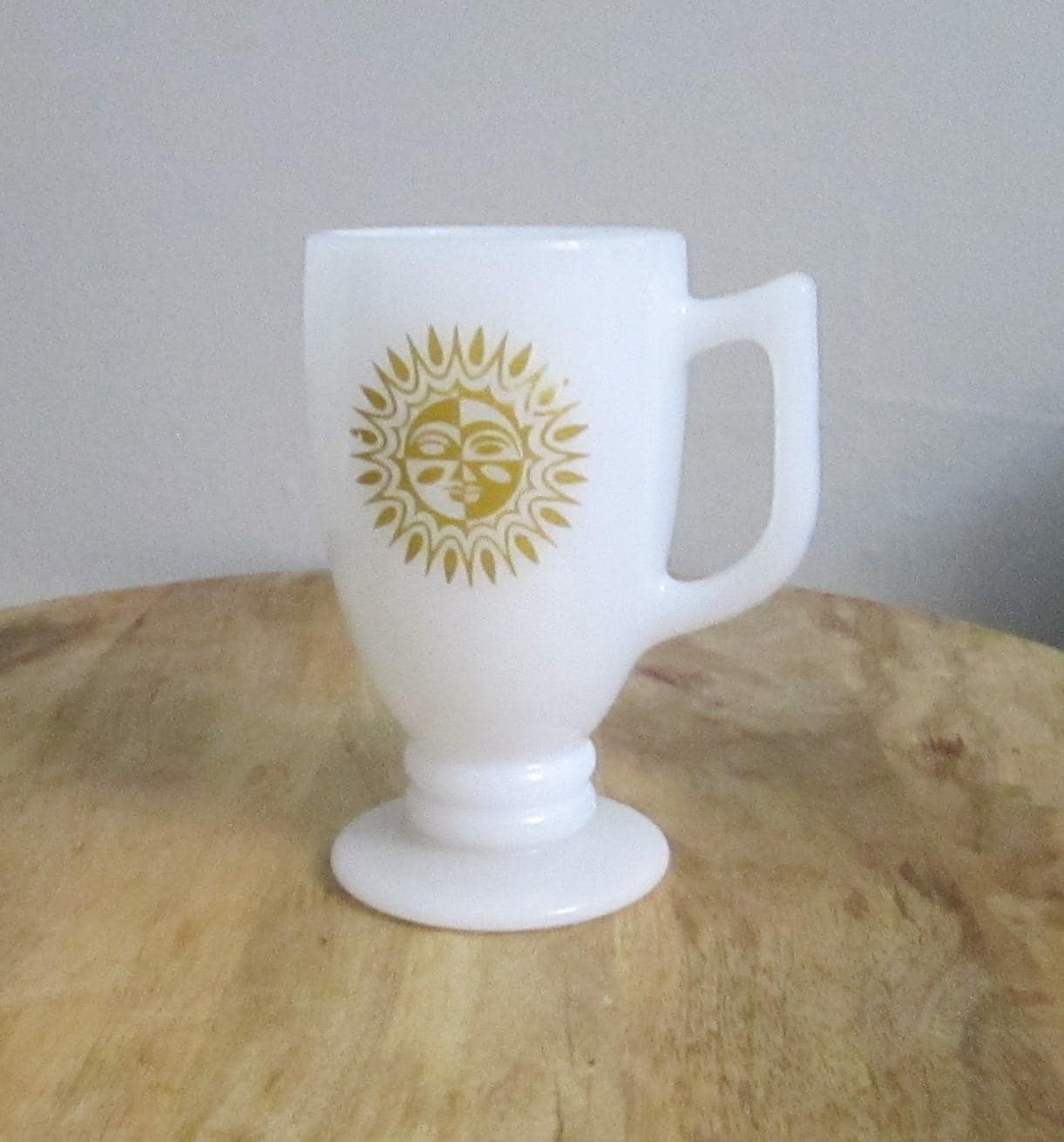 Vintage White Glass Mug Gold Sun Design