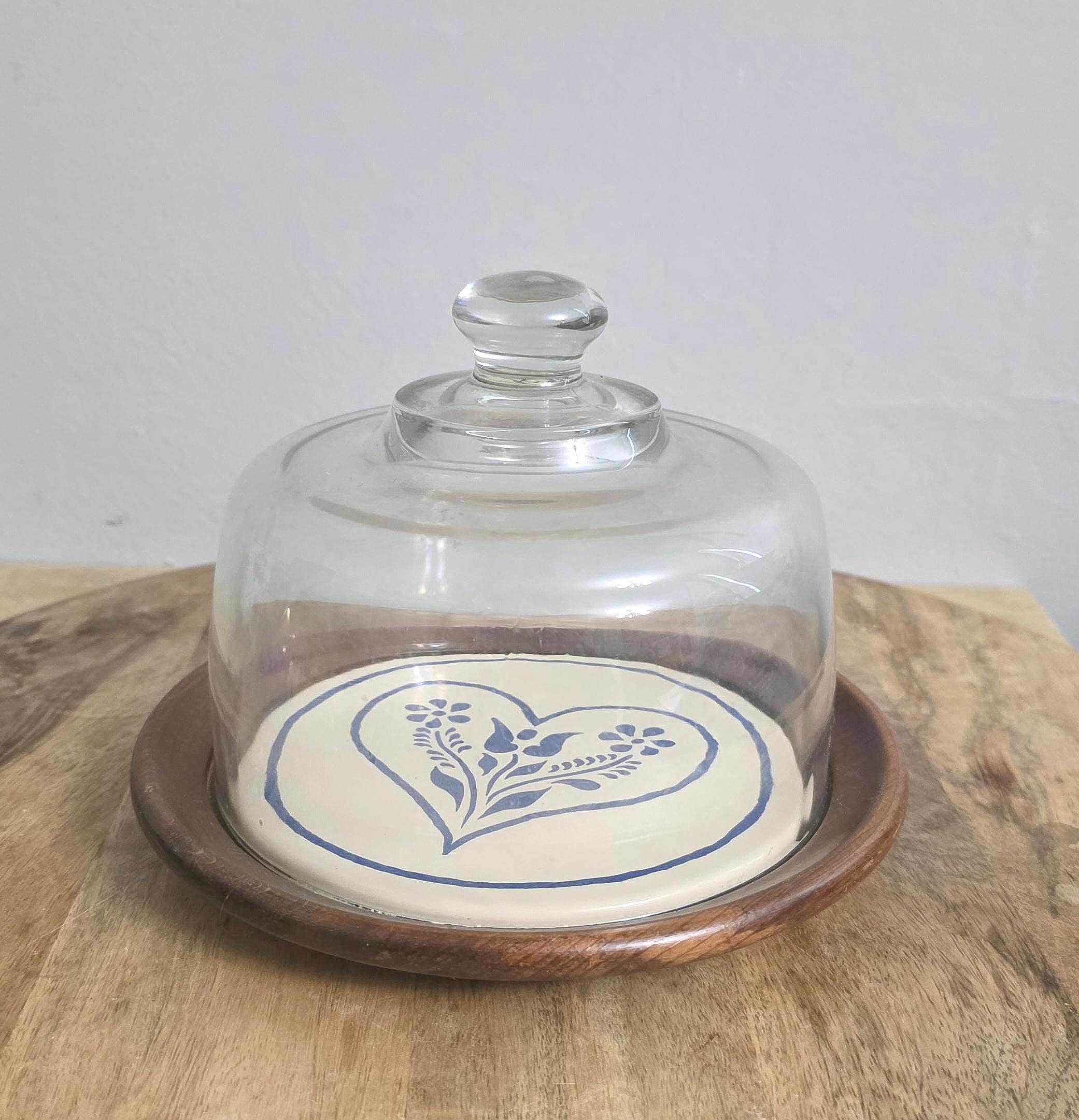 Wood and Glass Cheese Server with Heart Design Enamel Plate - Thumbnail 3