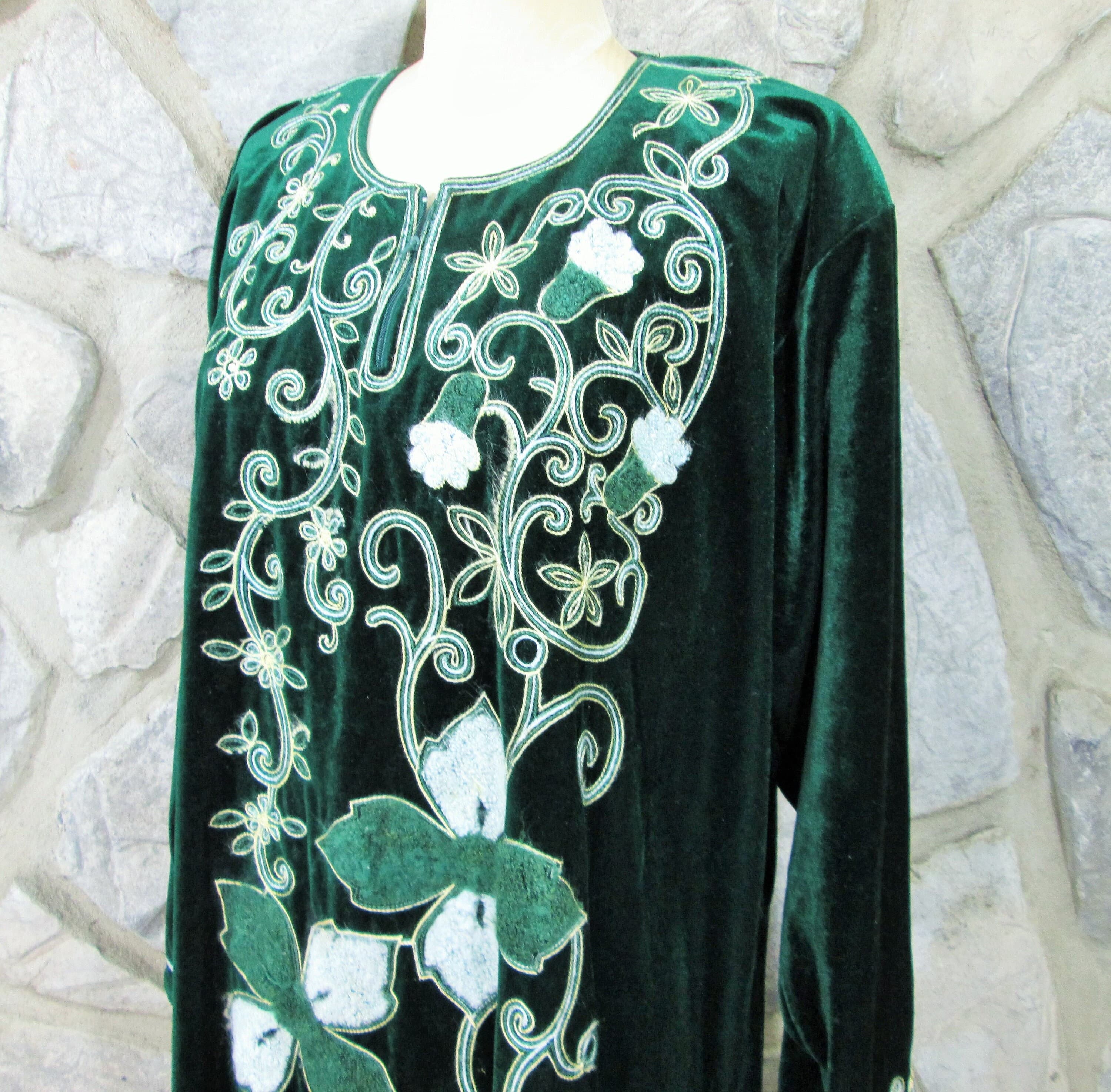 Vintage Green Velour Embroidered Robe or Hostess Dress, Made in Syria