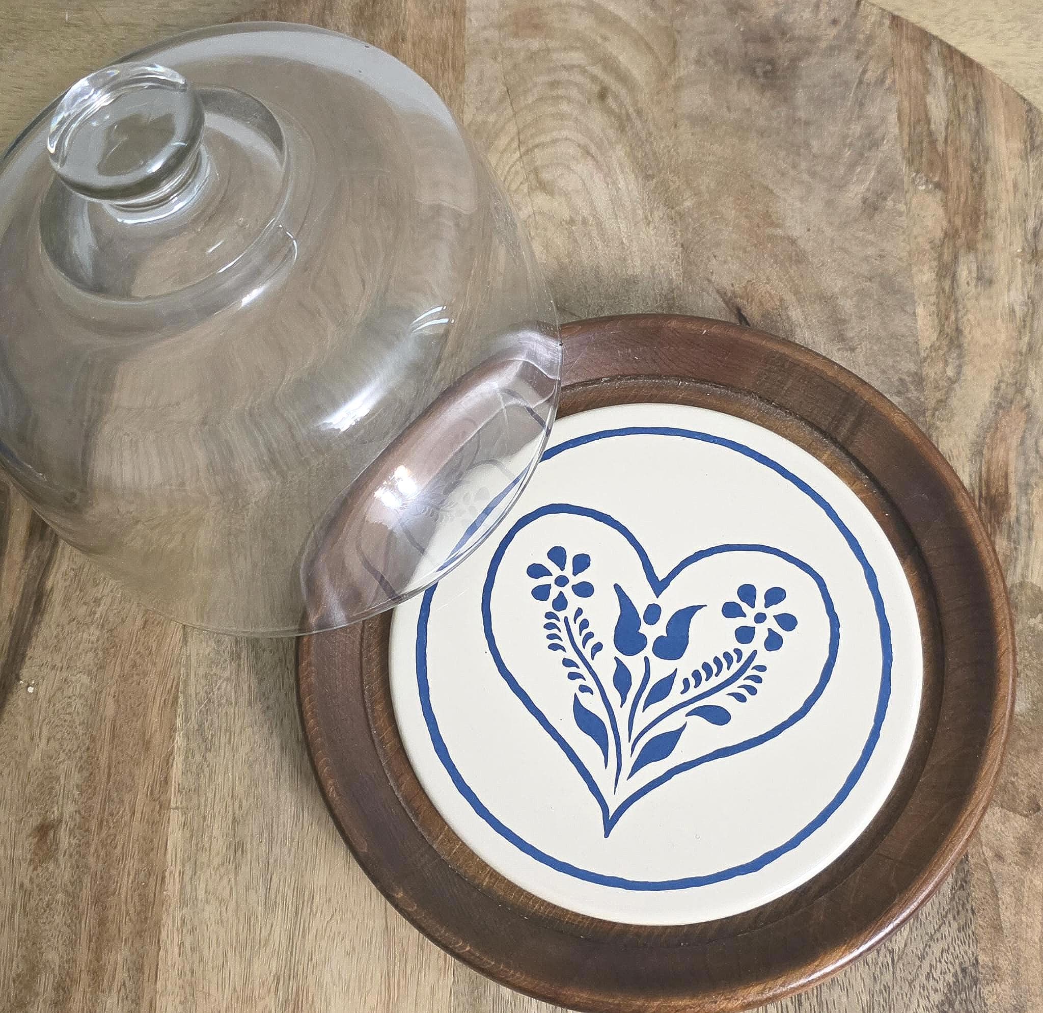 Wood and Glass Cheese Server with Heart Design Enamel Plate